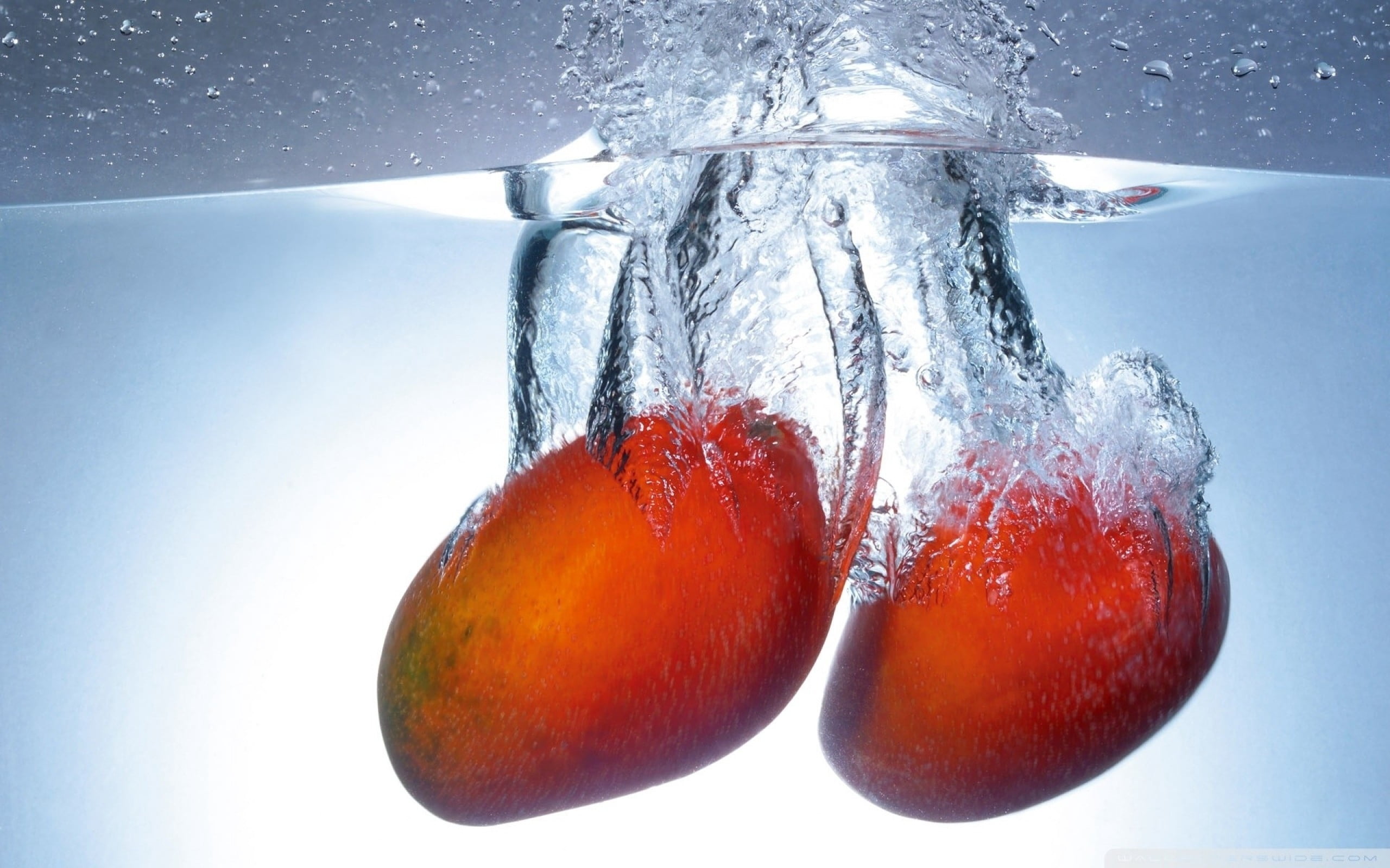 nature, liquid, purity, glass - Material, ripe, underwater, blue, transparent, mangoes, sinking, blue background, immersion, studio shot, water, dieting, HD Wallpaper