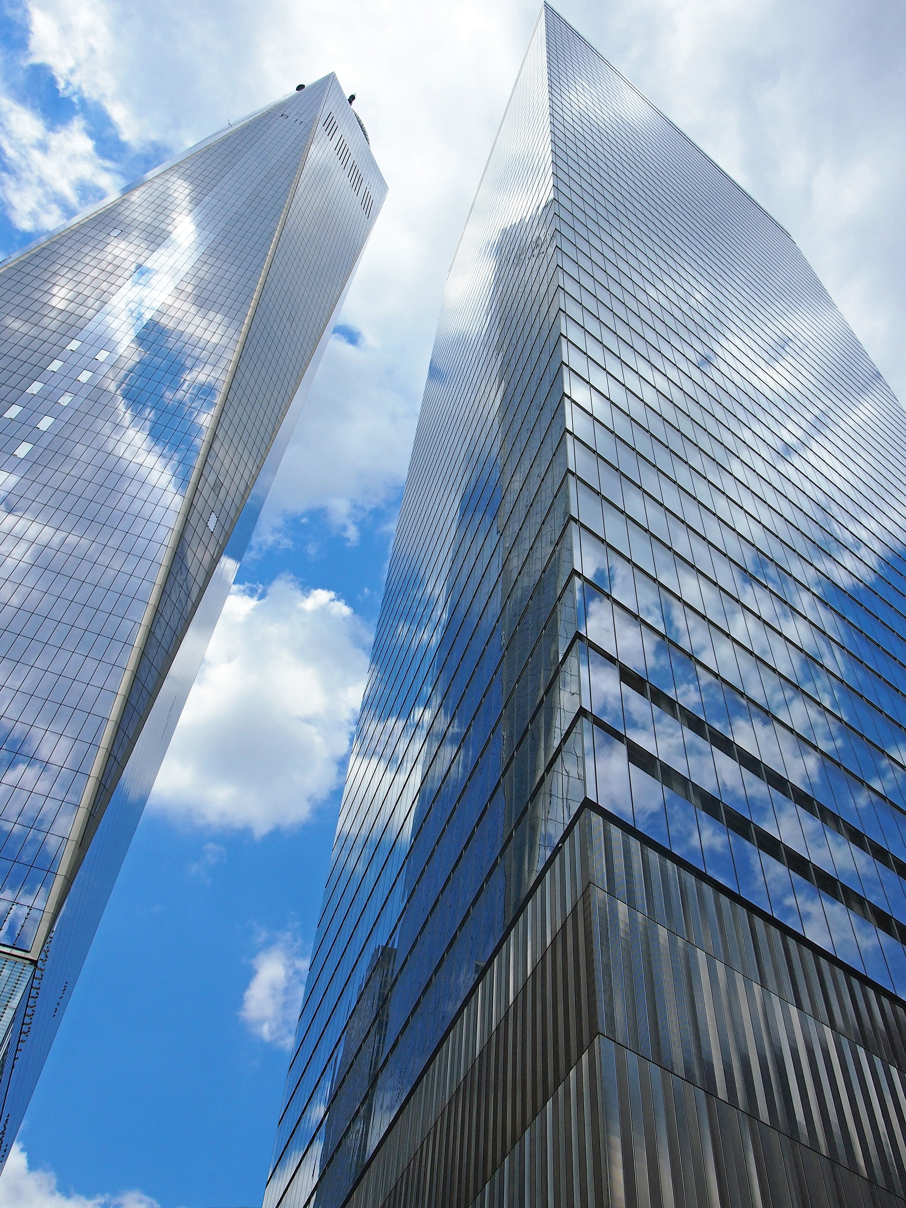 directly below, finance, nature, building exterior, new york, office, no people, two, financial district, long, 4K, city, skt, built structure, cloud - sky, Phone HD Wallpaper