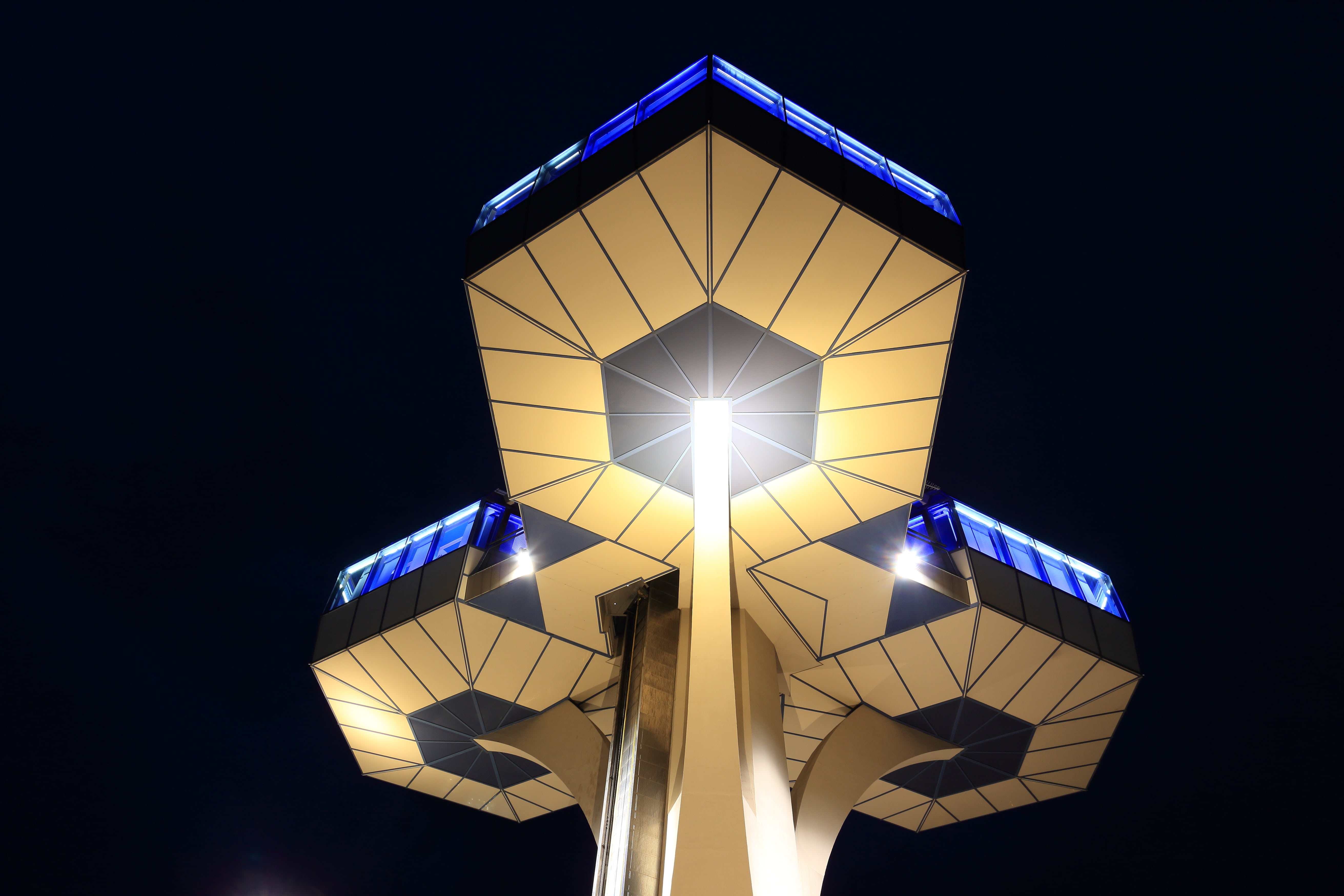 built structure, no people, blue, shape, ceiling, communications, design, low angle view, glowing, telecom, tower, lighting equipment, electricity, sky, HD Wallpaper