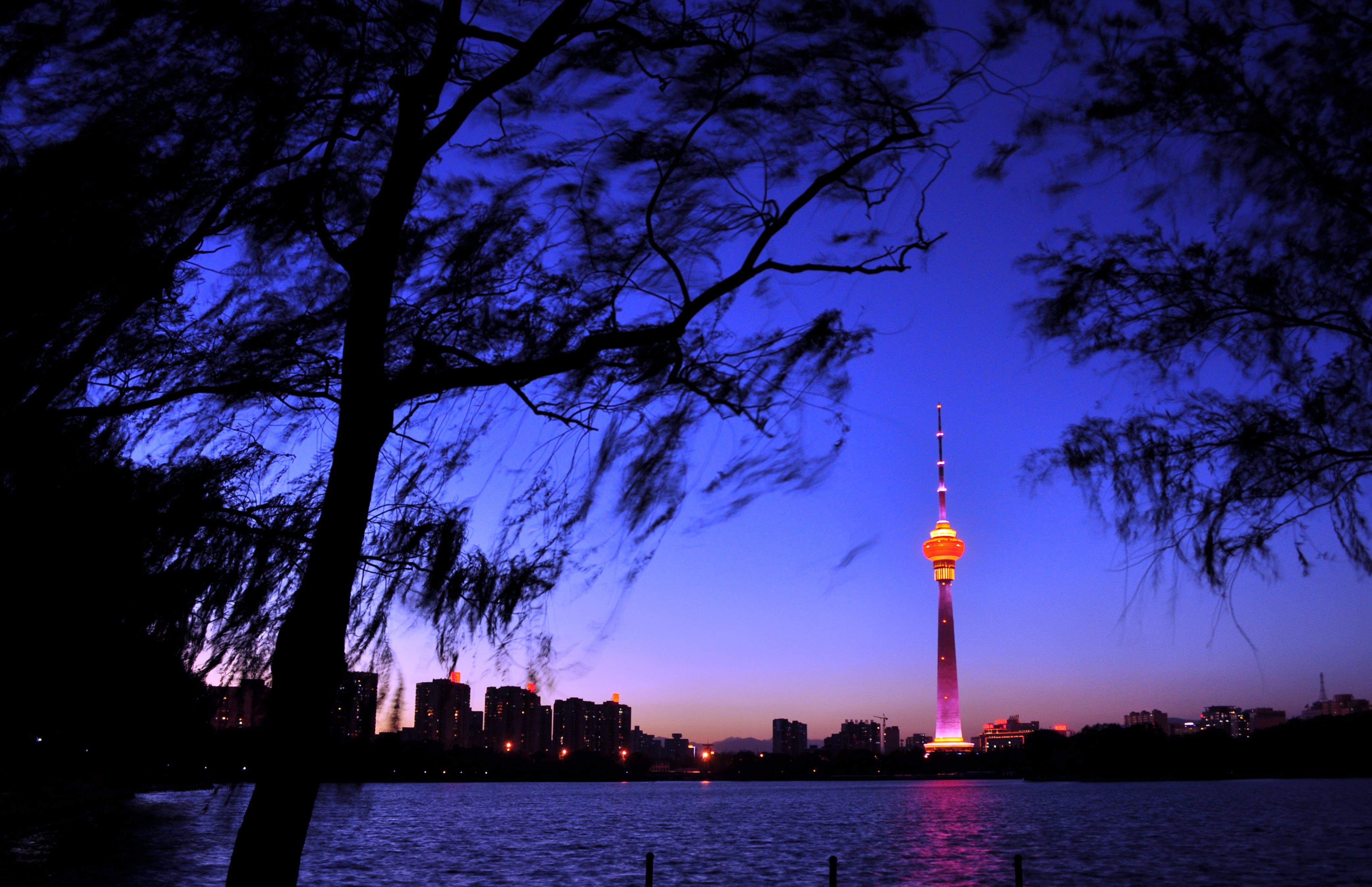 outdoors, travel, architecture, water, no people, nature, spire, tree, illuminated, building, plant, city, beijing, tower telecom, silhouette, dusk, night, HD Wallpaper