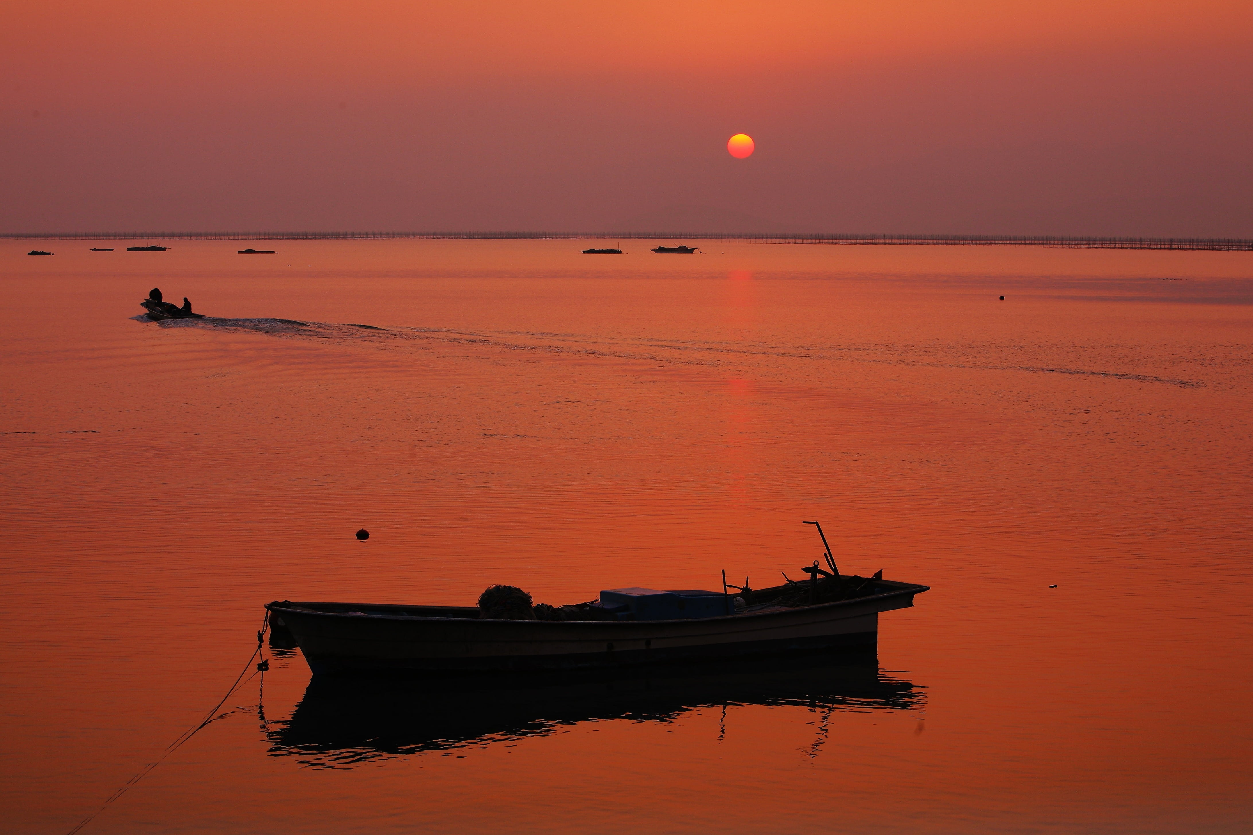 mode of transportation, reflections, sunset, beauty in nature, glow, idyllic, nature, horizon over water, sk telecom, boat, outdoors, water, nautical vessel, HD Wallpaper