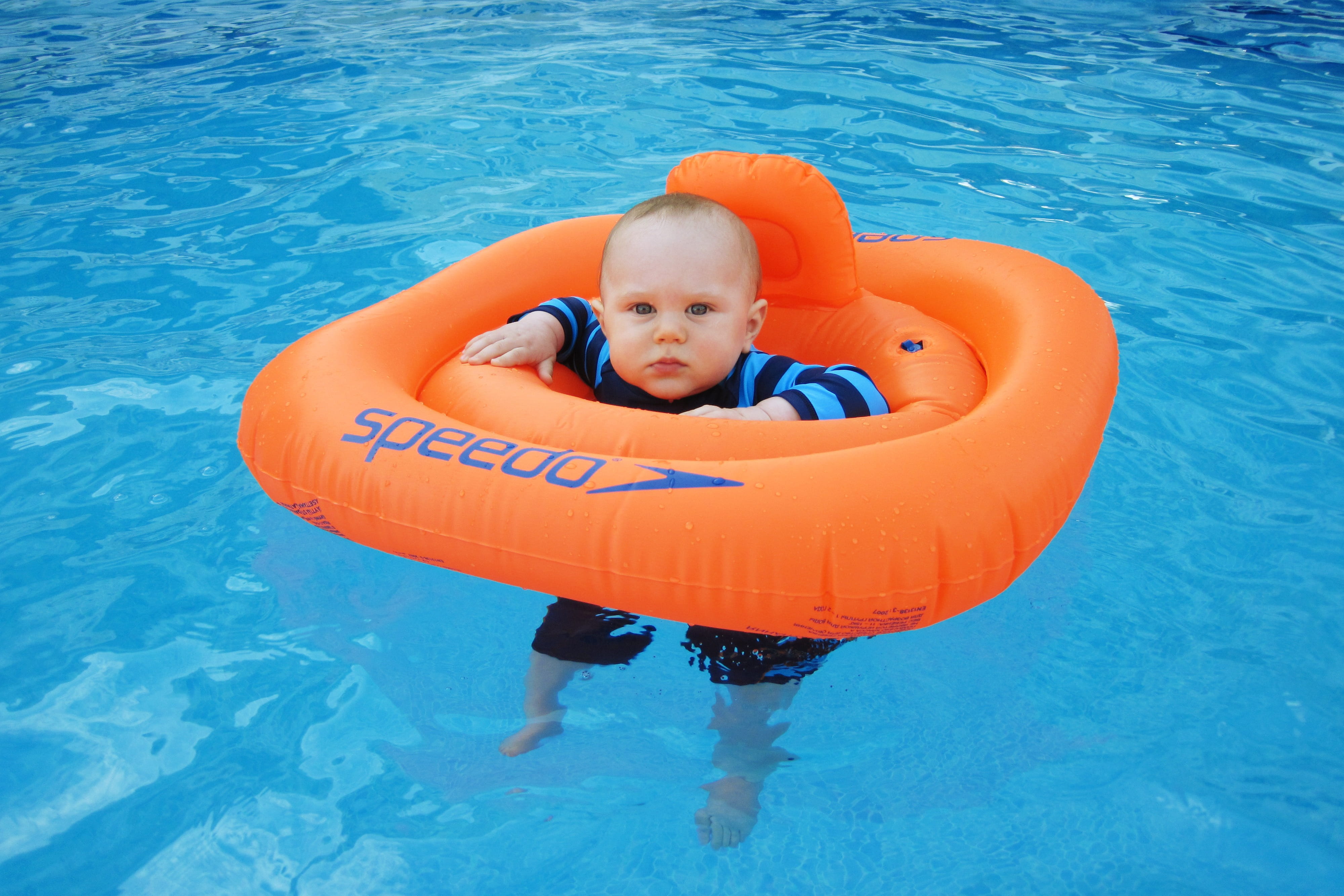 joy, baby, small, leisure Activity, swimming Pool, pool raft, caucasian Ethnicity, young, speedo, blue, floating On Water, Cute, full length, vacations, HD Wallpaper