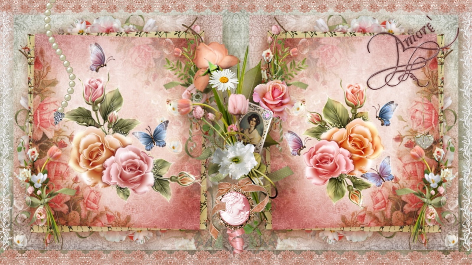 Flower, Pink, Butterfly, Pearl, Rose, 720P, Vintage, Mauve, Love, Artistic, HD Wallpaper