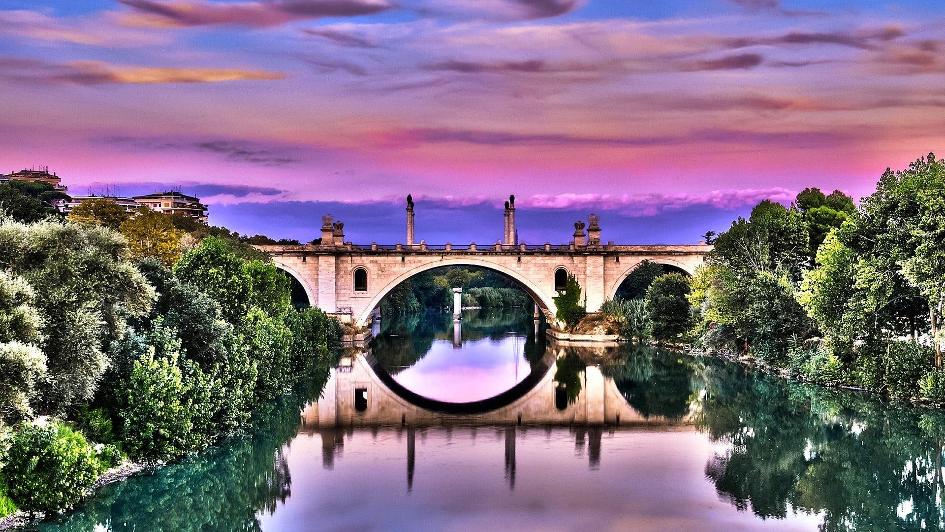 bridge, 1080P, view, 3d and abstract, mauve, tree, sky, water, purple, colorful, HD Wallpaper