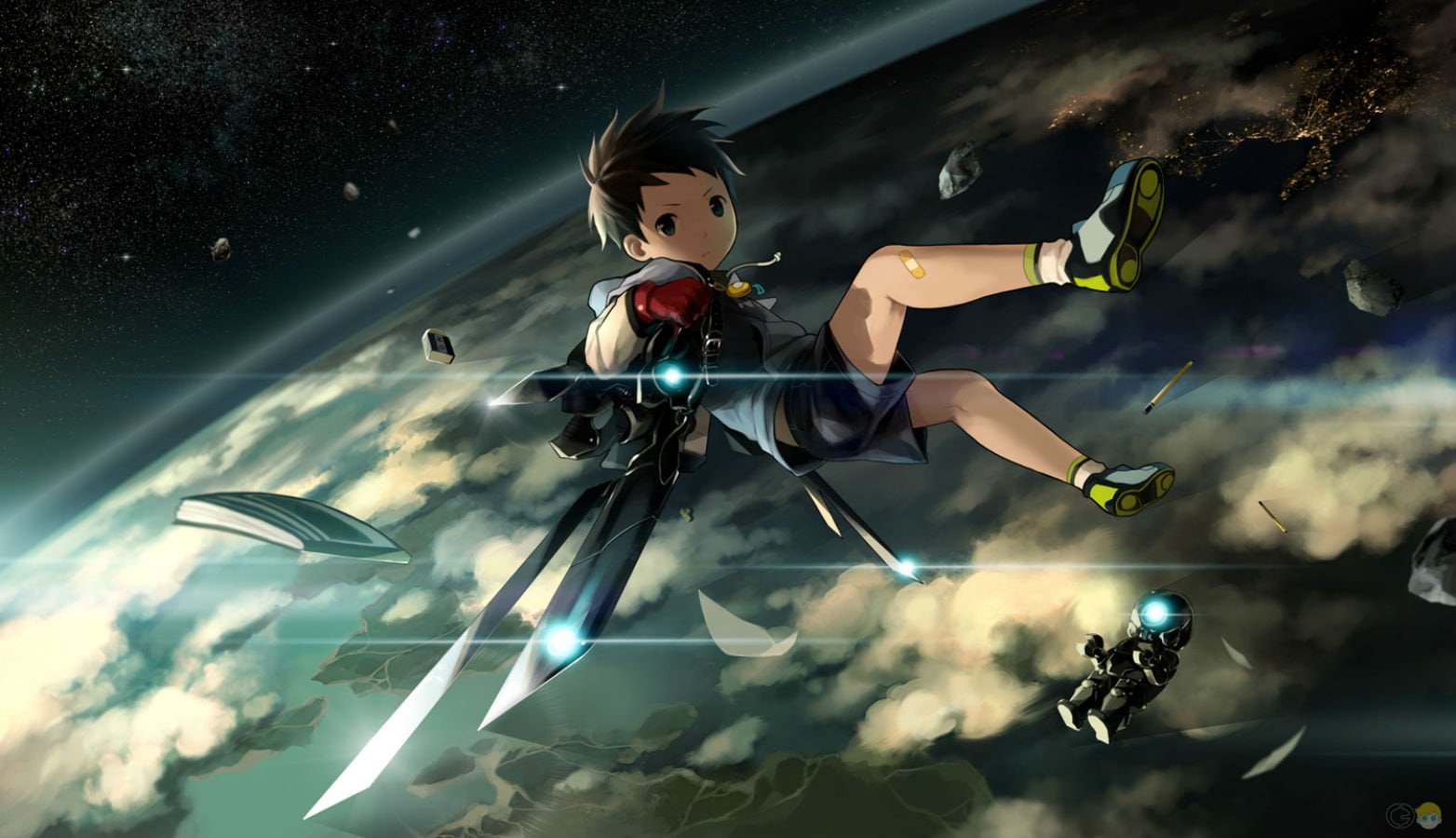 earth, short, noeyebrow, original, gloves, black, male, 720P, eyes, watermark, mauve, book, hair, space, bandaid, stars, socks, robot, HD Wallpaper