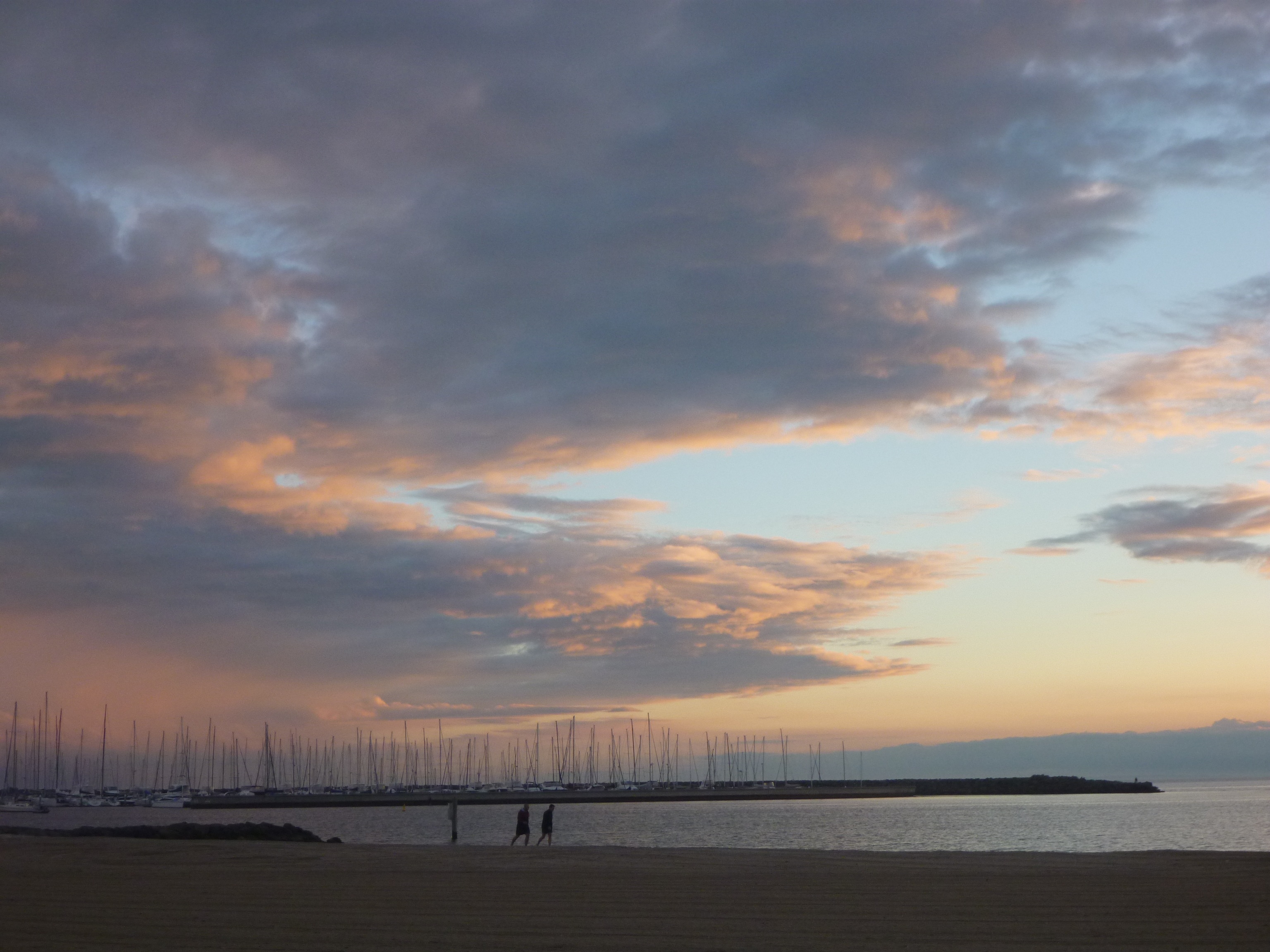 idyllic, outdoors, 2K, sunset, cloud - sky, yachts, nautical vessel, scenics - nature, beach, walking on beach, blue, tranquil scene, water, land, horizon over water, HD Wallpaper