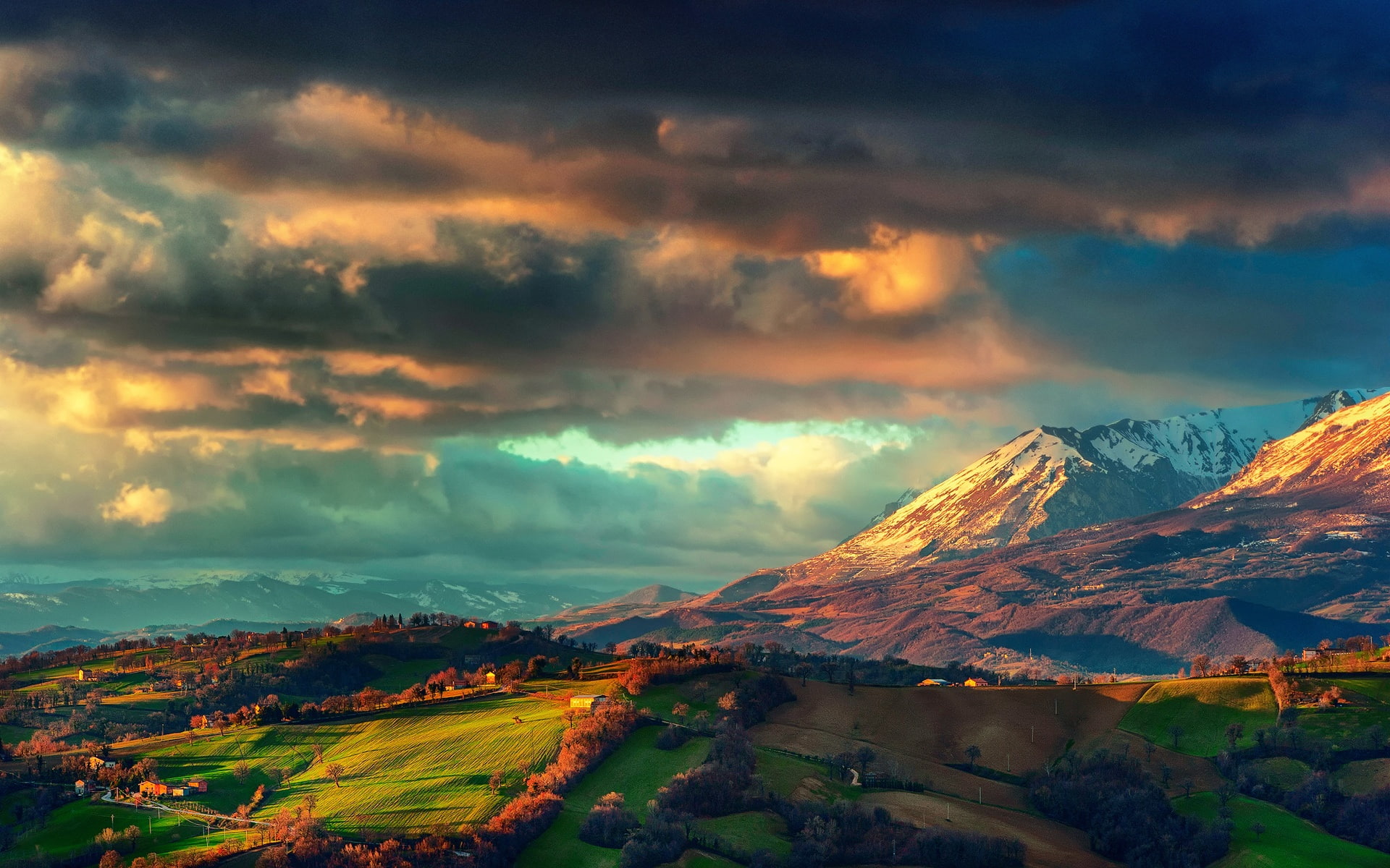 Mountains, Spring, 1080P, Italy, Fields, Clouds, green, mountain, Scenery, Sunrise, Apennines, HD Wallpaper