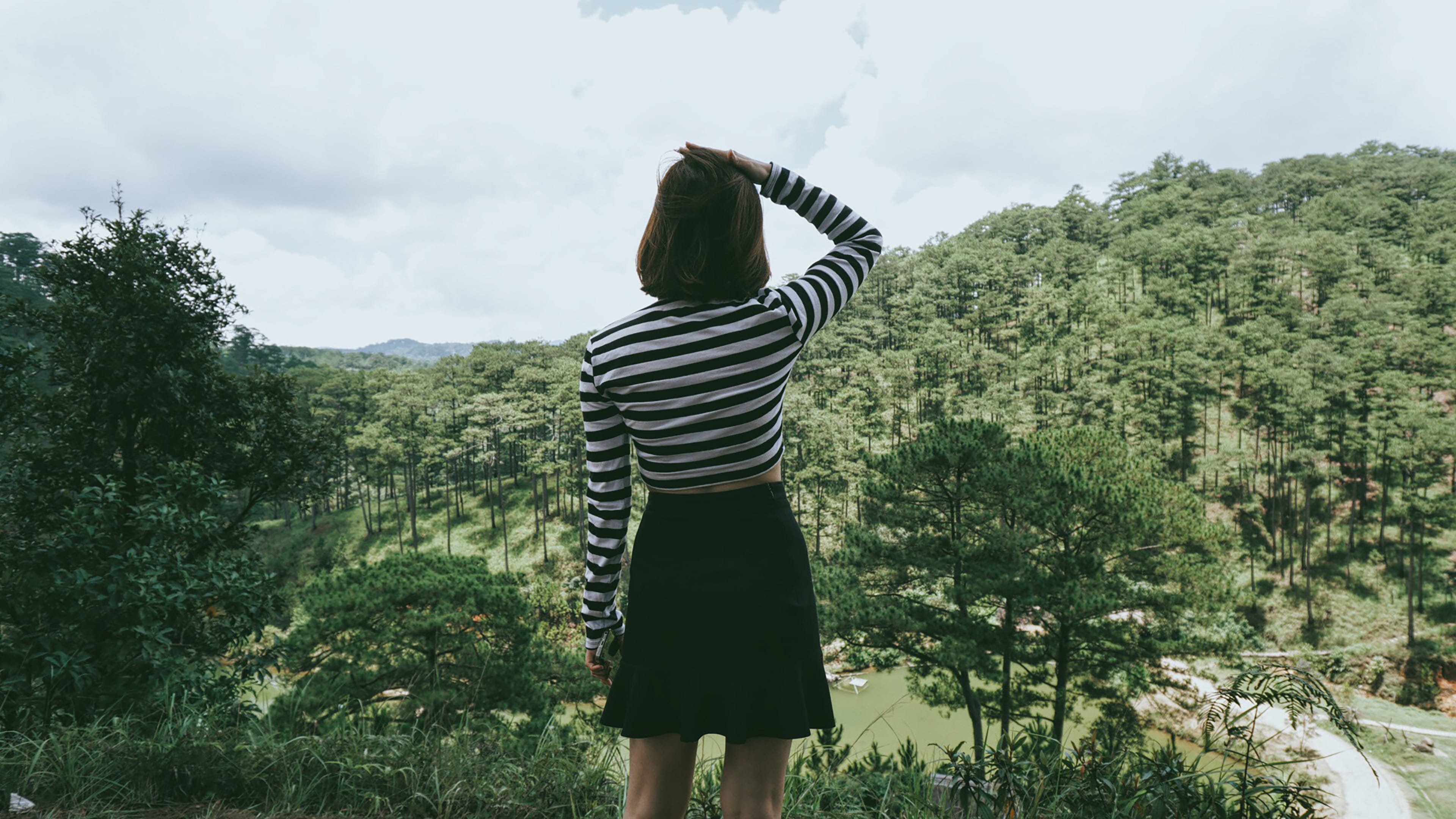 three quarter length, sky, one person, land, growth, rear view, non-urban scene, beauty in nature, casual clothing, green color, standing, 4K, arms raised, HD Wallpaper