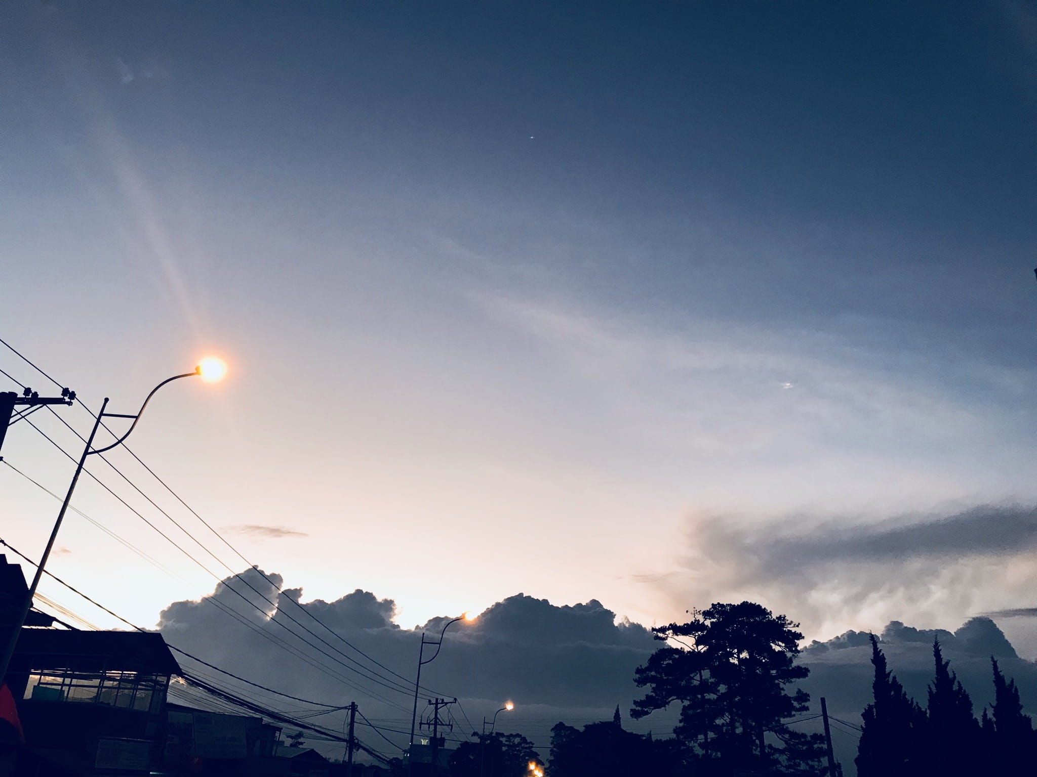 sunlight, silhouette, low angle view, twilight, electricity, architecture, sun, street light, vietnam, cloud - sky, plant, power supply, cable, no people, HD Wallpaper
