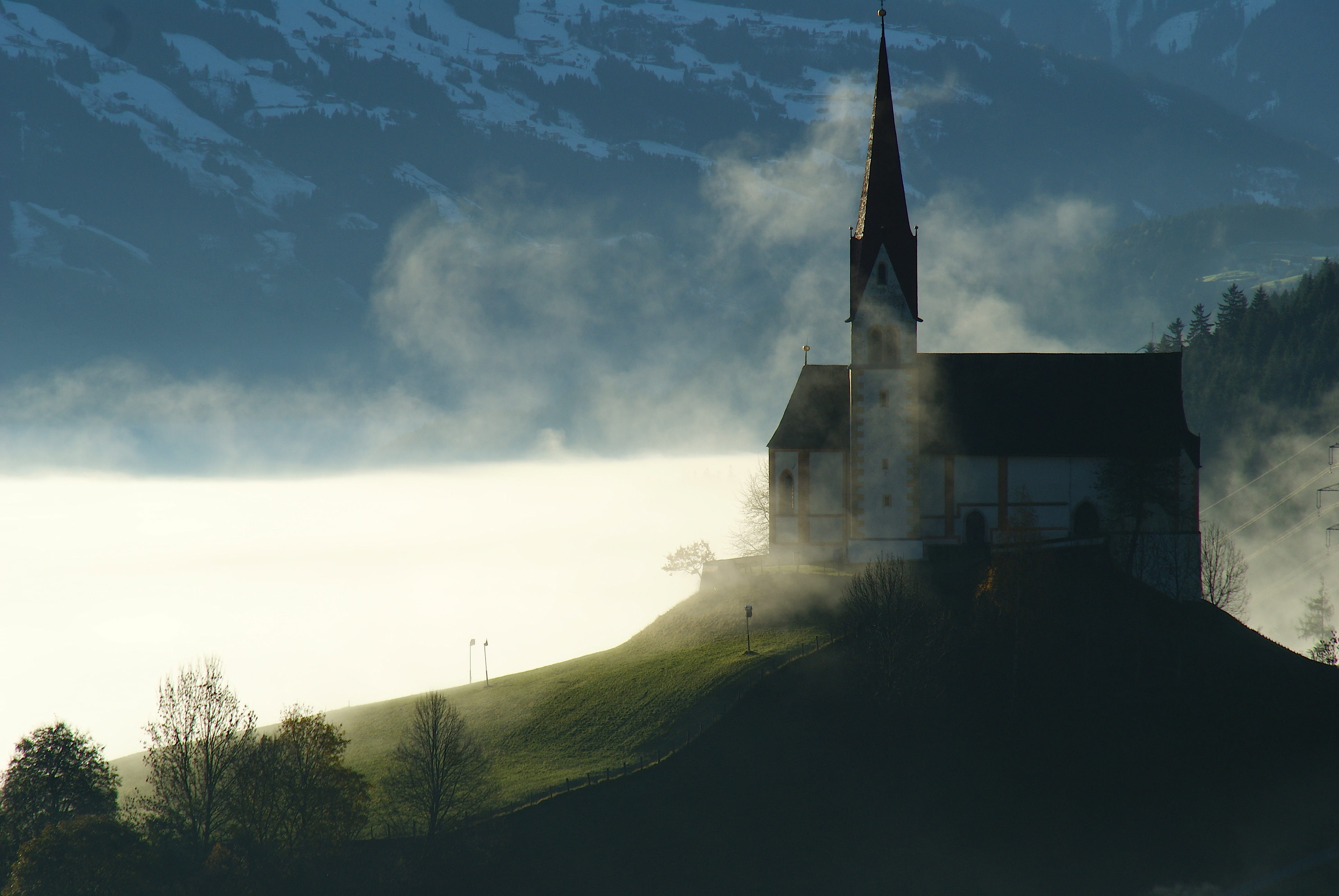 religion, belief, dirt road, building, 4K, steeple, outdoors, house, gravel, white, tree, fog, spire, sky, red sky, built structure, plant, no people, HD Wallpaper