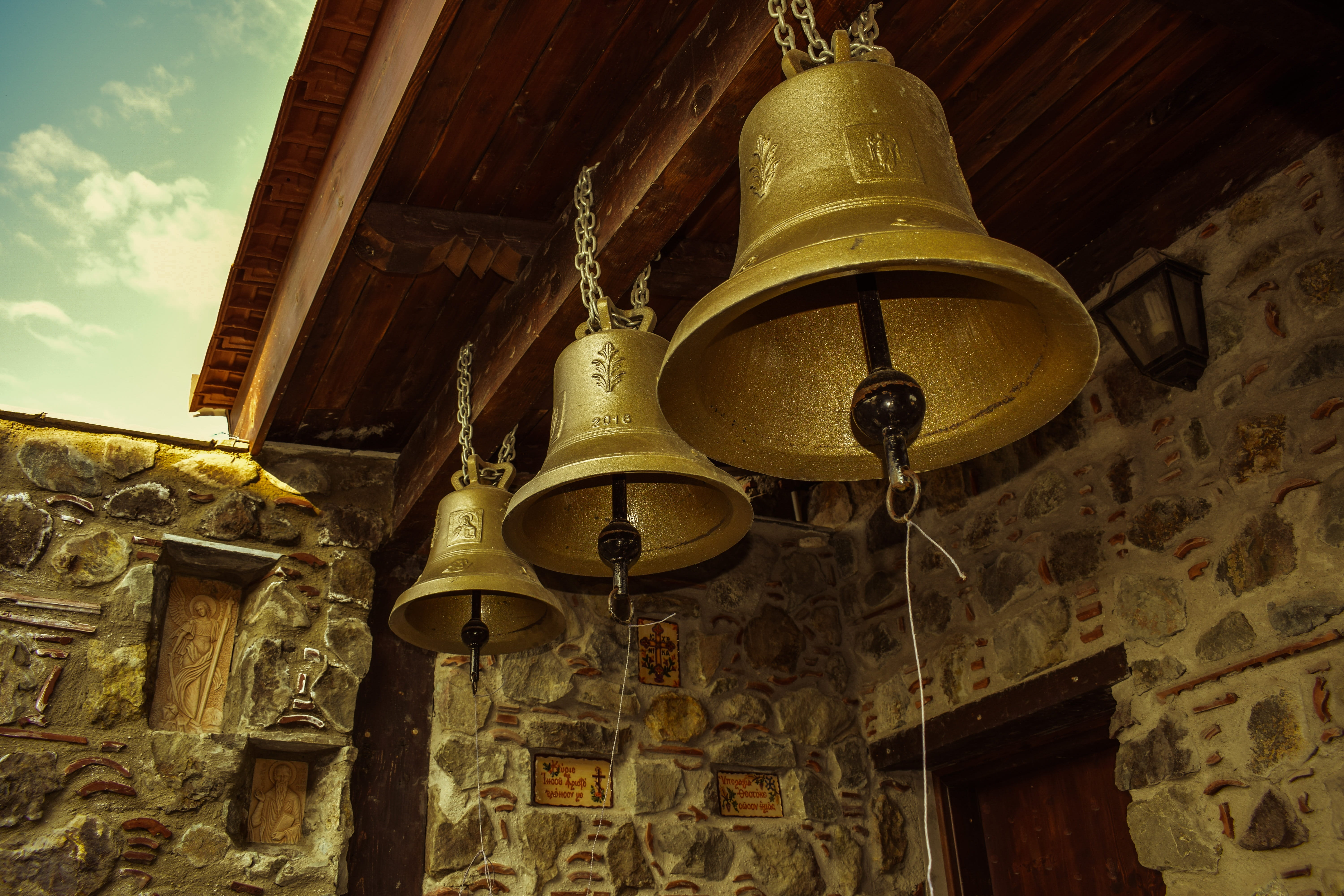 5K, no people, building, history, indoors, built structure, architecture, ornate, ayia napa, gold colored, wood - material, Bells, church, cyprus, hanging, HD Wallpaper