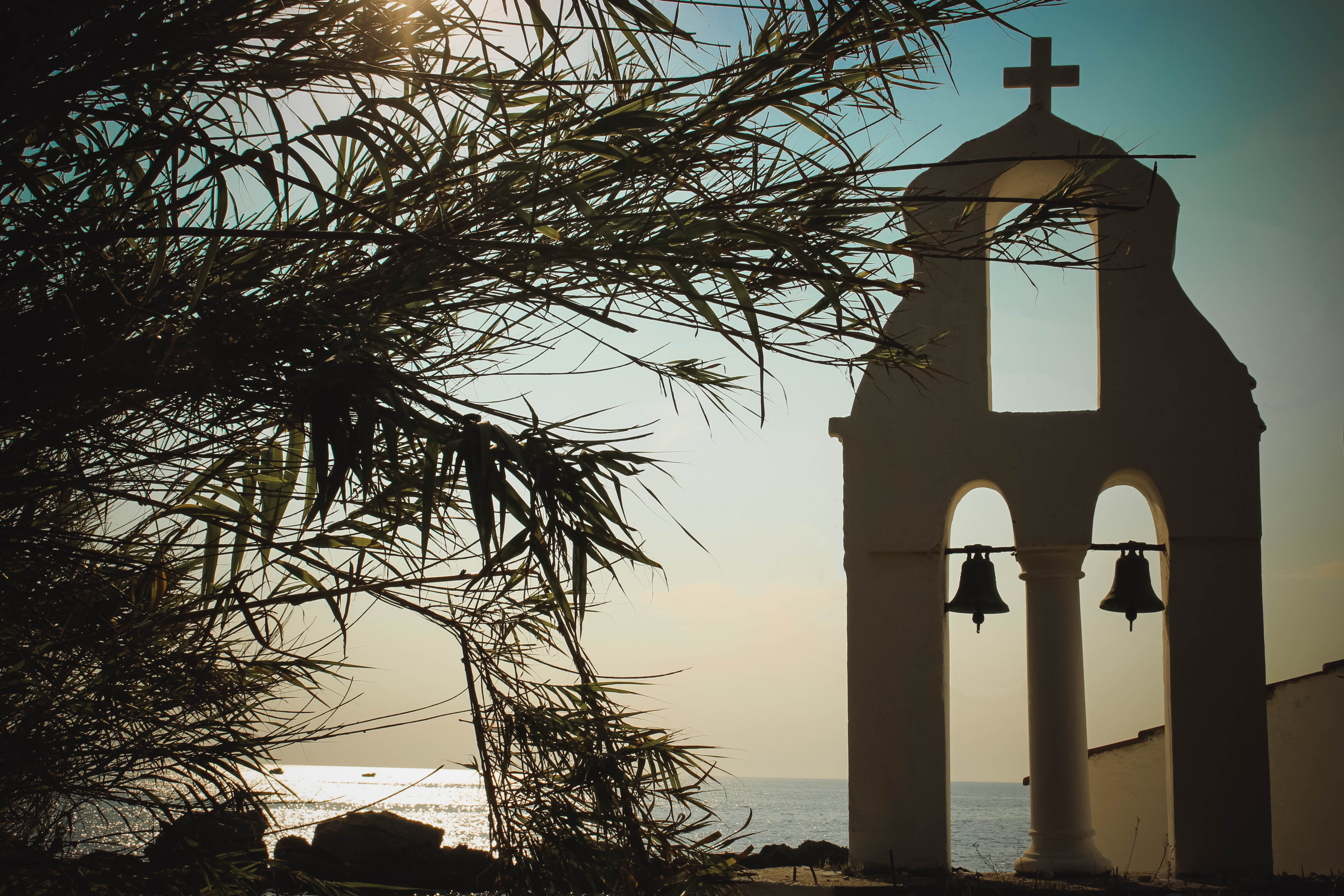 spirituality, bell tower - tower, cross, sky, beach, religion, 5K, no people, greece, architecture, outdoors, building, tower, tree, place of worship, HD Wallpaper