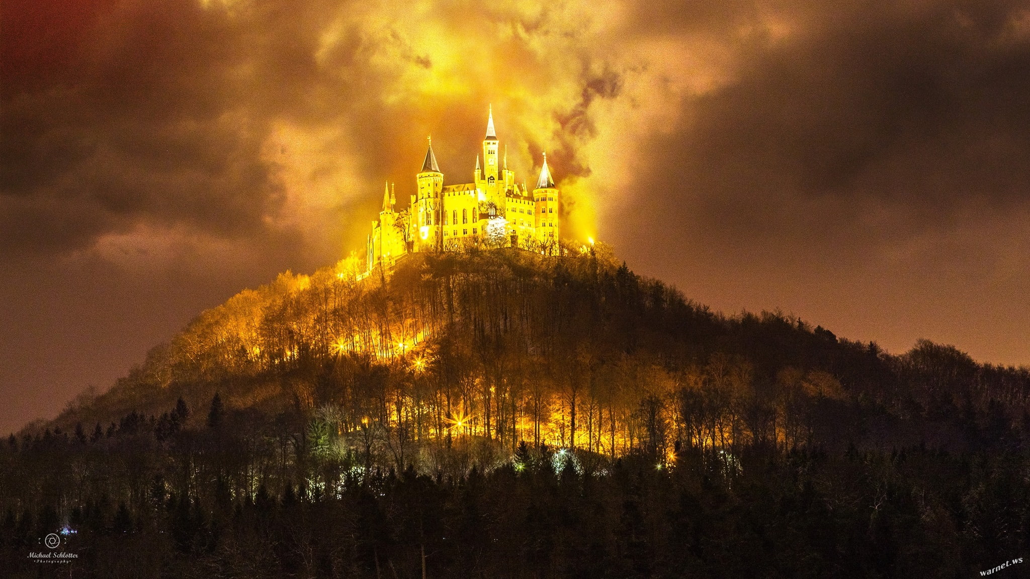 winter, Germany, architecture, 1080P, Lights, Trees, landscape, nature, forest, Hill, clouds, Michael Schlotter, castle, night, HD Wallpaper