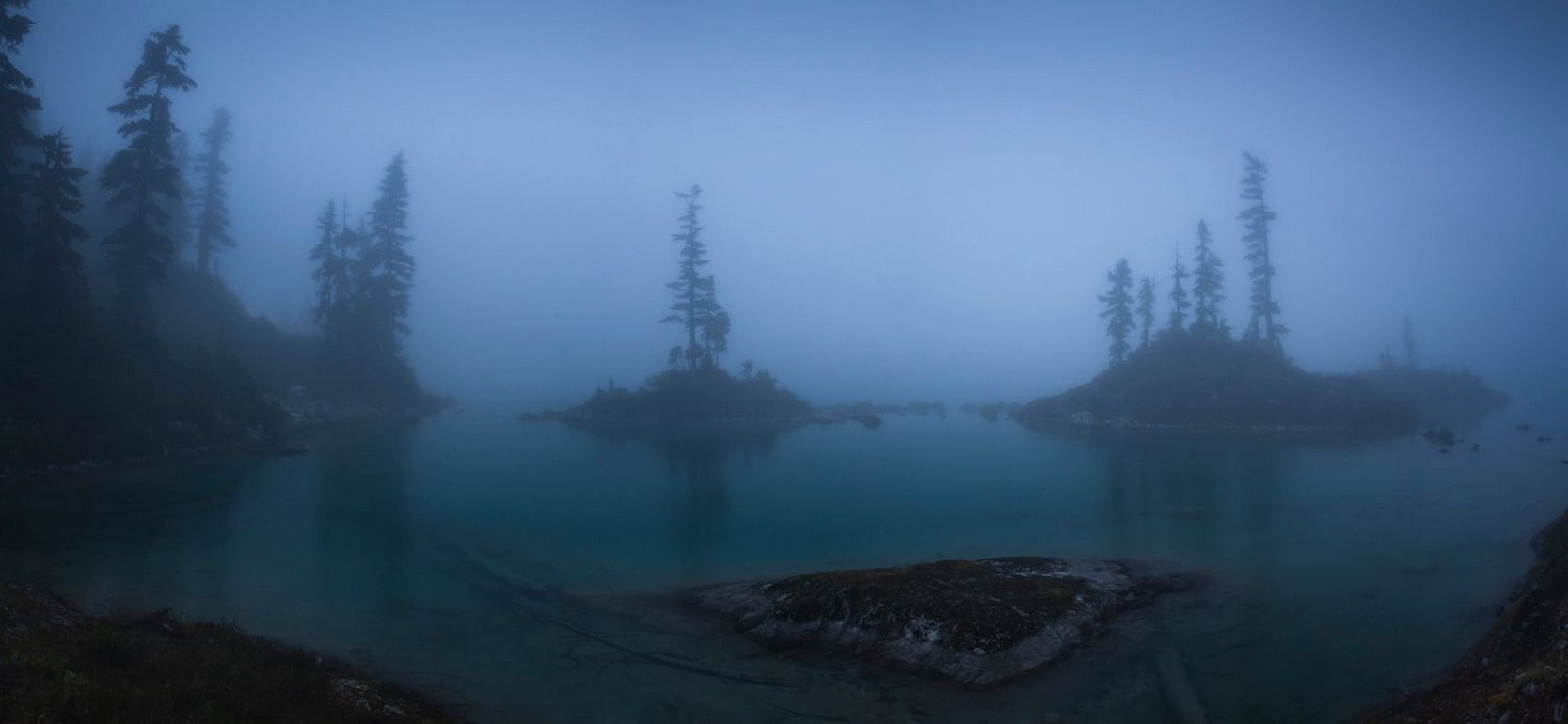 photography, island, morning, mist, lake, 720P, blue, pine trees, nature, atmosphere, landscape, HD Wallpaper