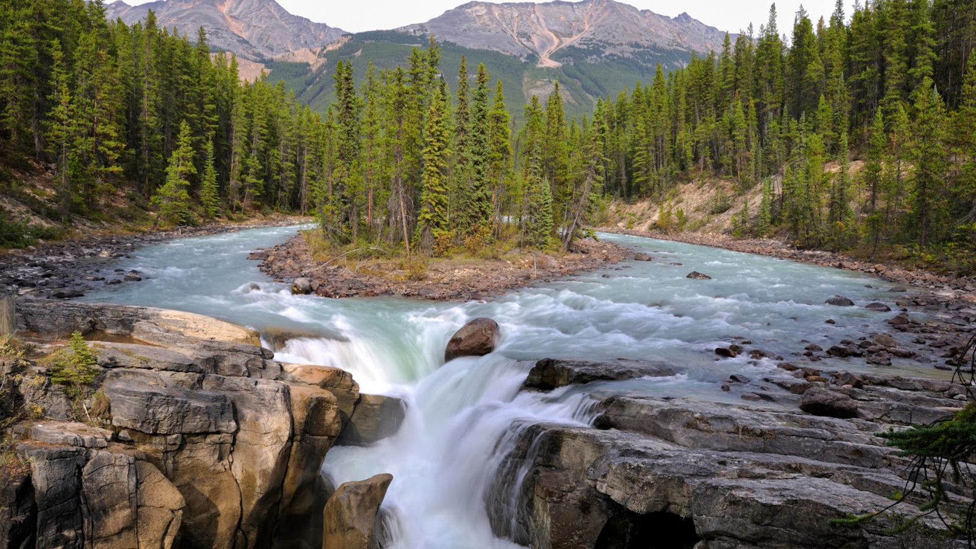 island, national, xp, full, waterfall, 1080P, hd, canada, forest, pine, rock, reka, park, alberta, HD Wallpaper