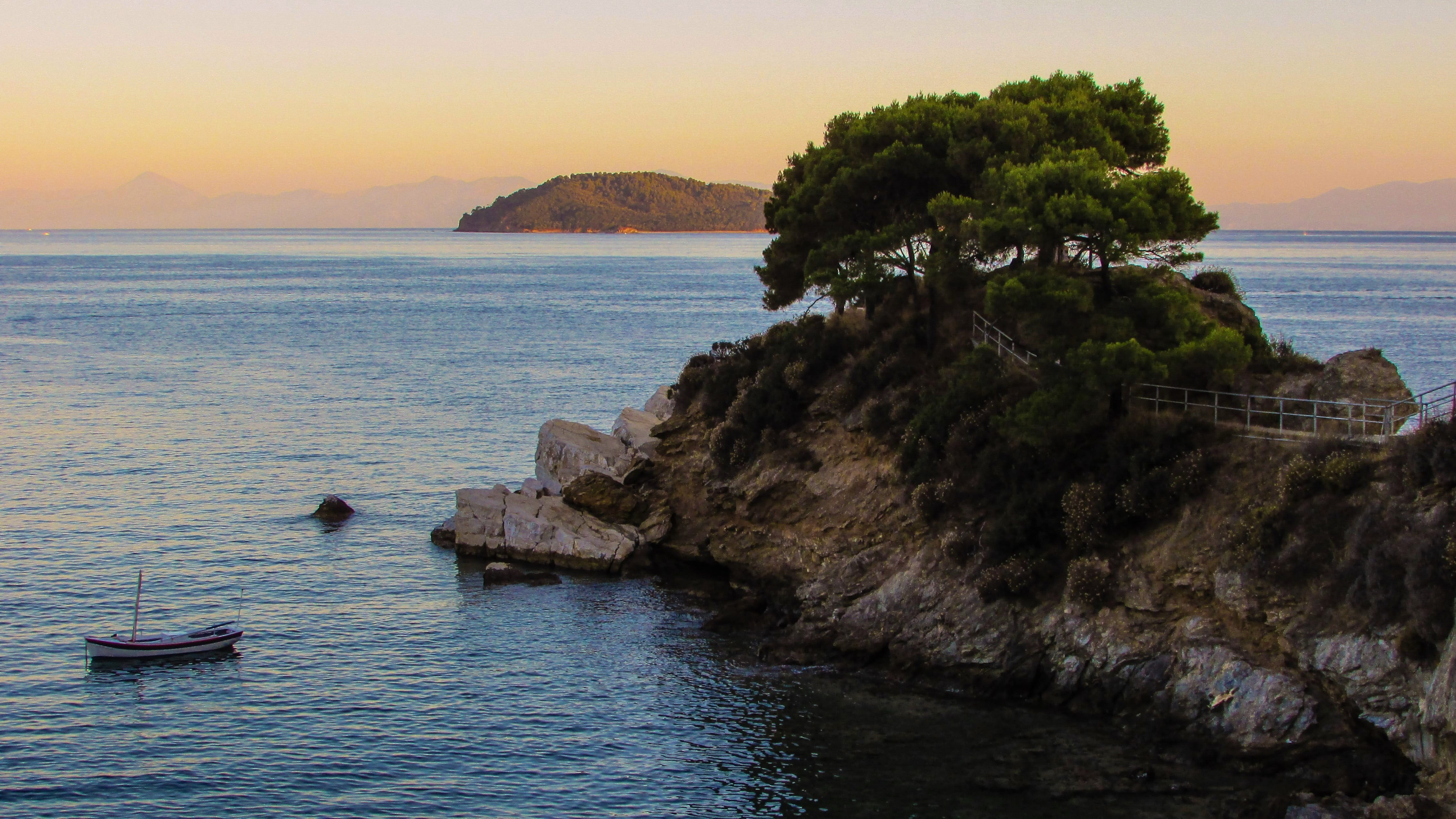 sky, rocky coastline, Skiathos, plakes, tranquility, beauty in nature, scenics, bay, 4K, Cape, rock - object, island, Greece, beach, sea, Rock, day, tree, HD Wallpaper