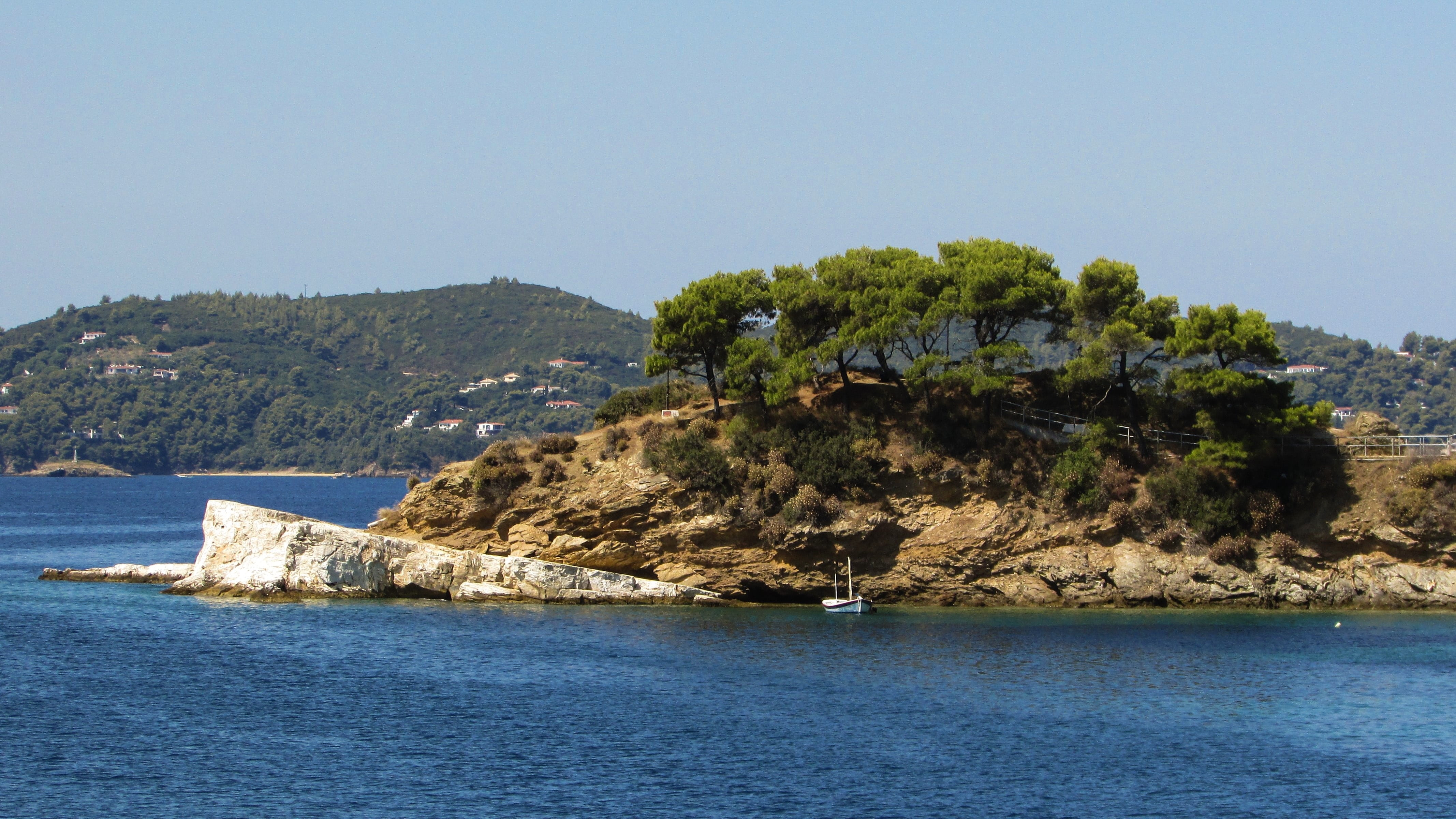 sky, bay, 4K, skiathos, rock - object, tranquil scene, blue, tranquility, island, land, beach, environment, beauty in nature, outdoors, plakes, summer, HD Wallpaper