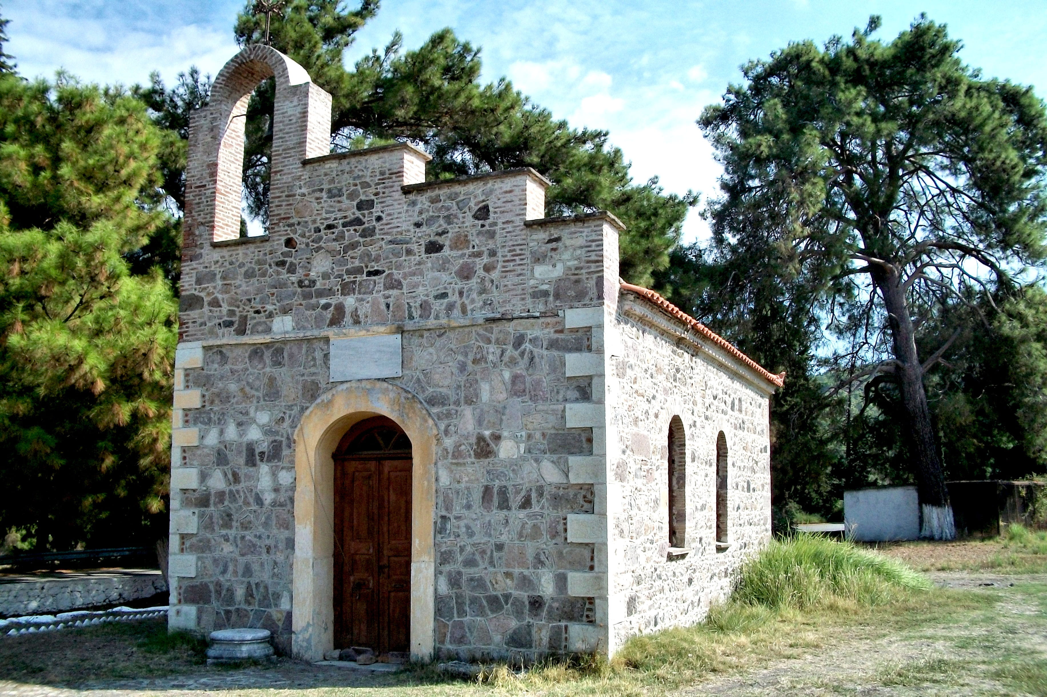 Sky, plant, facade, Chapel, Greece, Pine, outdoors, built structure, no people, the past, tree, arch, growth, building, architecture, Lesbos, old, nature, HD Wallpaper