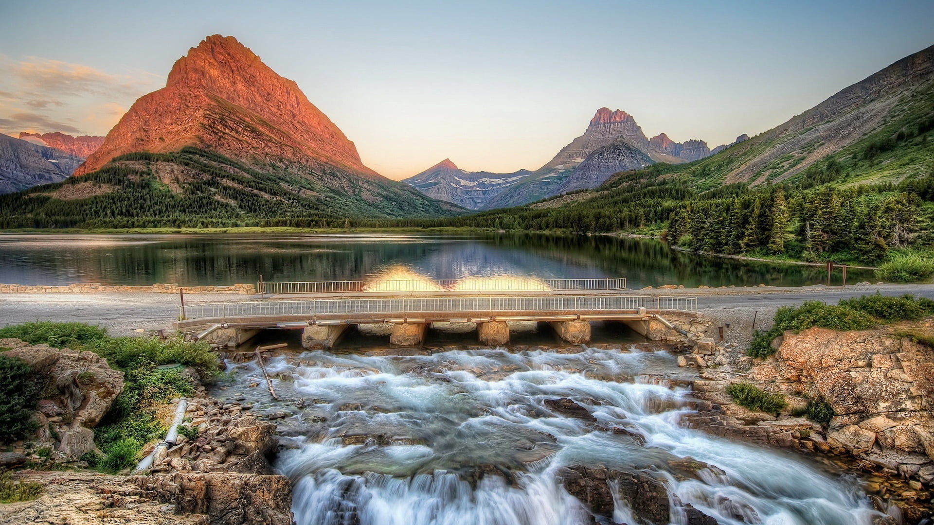blue, stones, idyllic, flowing, 1080P, bridge, flowing water, mountains, journey, sunset, scenics - nature, summer, tourism, national Landmark, forest, HD Wallpaper