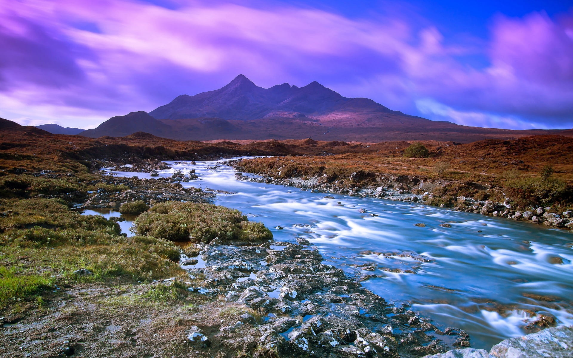 purple, no People, water, mountain Range, travel, mountain Peak, forest, tourism, blue, sources, current, tranquil Scene, river, mountain river, flowing, HD Wallpaper