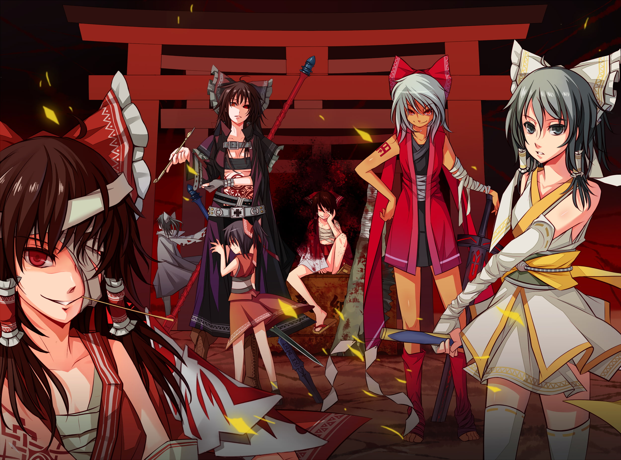 hair, touhou, thighhighs, staff, tattoo, chaos1402, black, eyes, m u g e n, bandage, red, 1080P, boots, gray, weapon, long, sword, bow, miko, HD Wallpaper