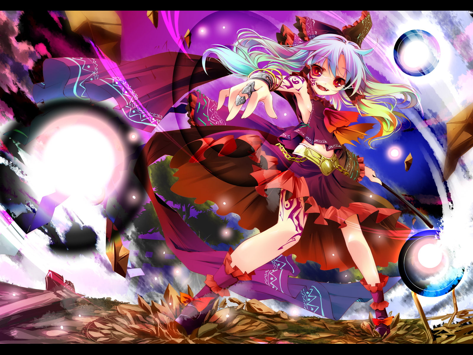 720P, reimu, hakurei, skirt, yuu, touhou, m u g e n, kamiya, eyes, tattoo, bow, red, HD Wallpaper