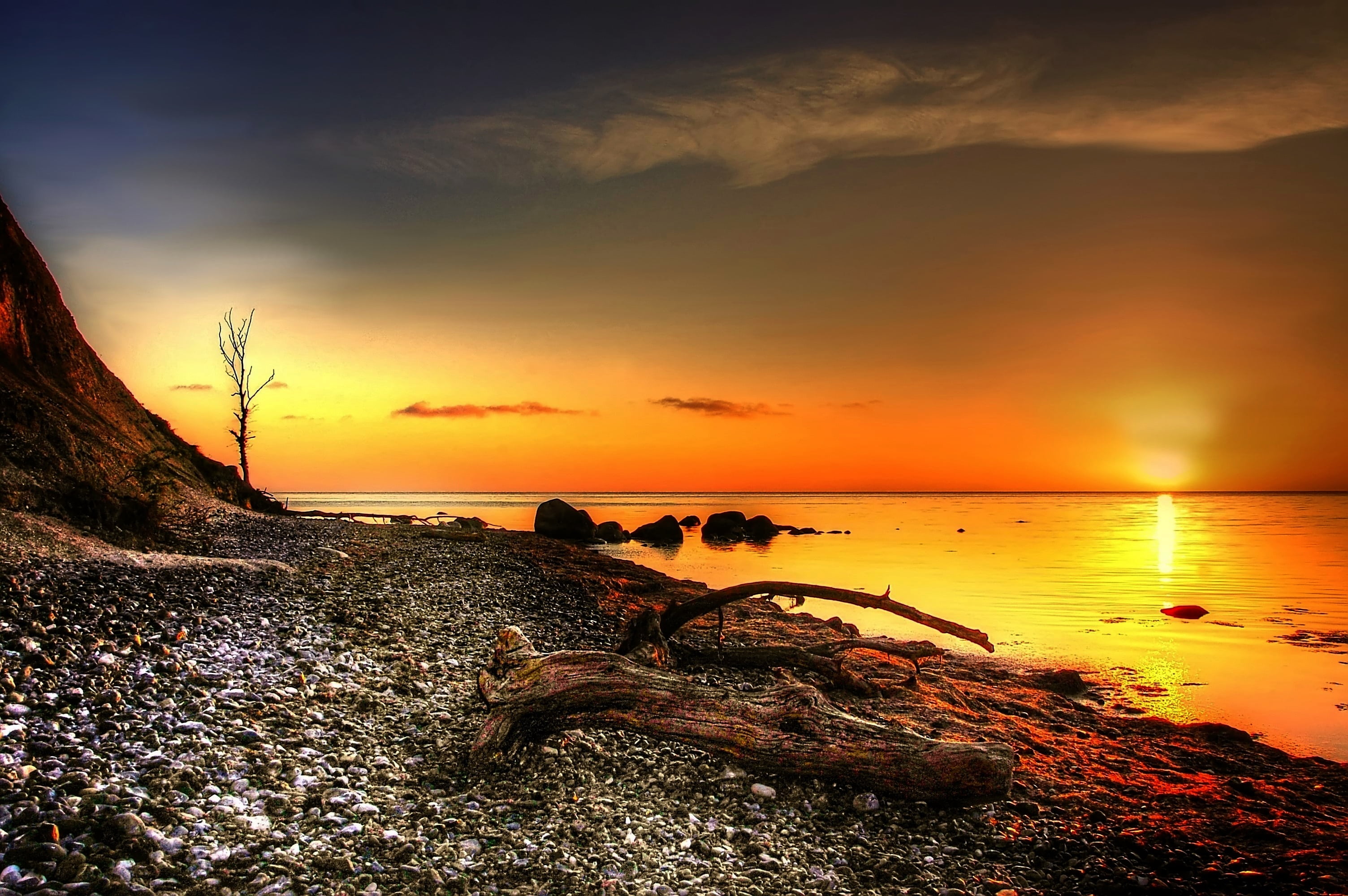 baltic sea, water, white cliffs, hour, sky, solid, tranquil scene, sunset, denmark, rock, sunny, golden, món, outdoors, horizon, horizon over water, seashore, HD Wallpaper