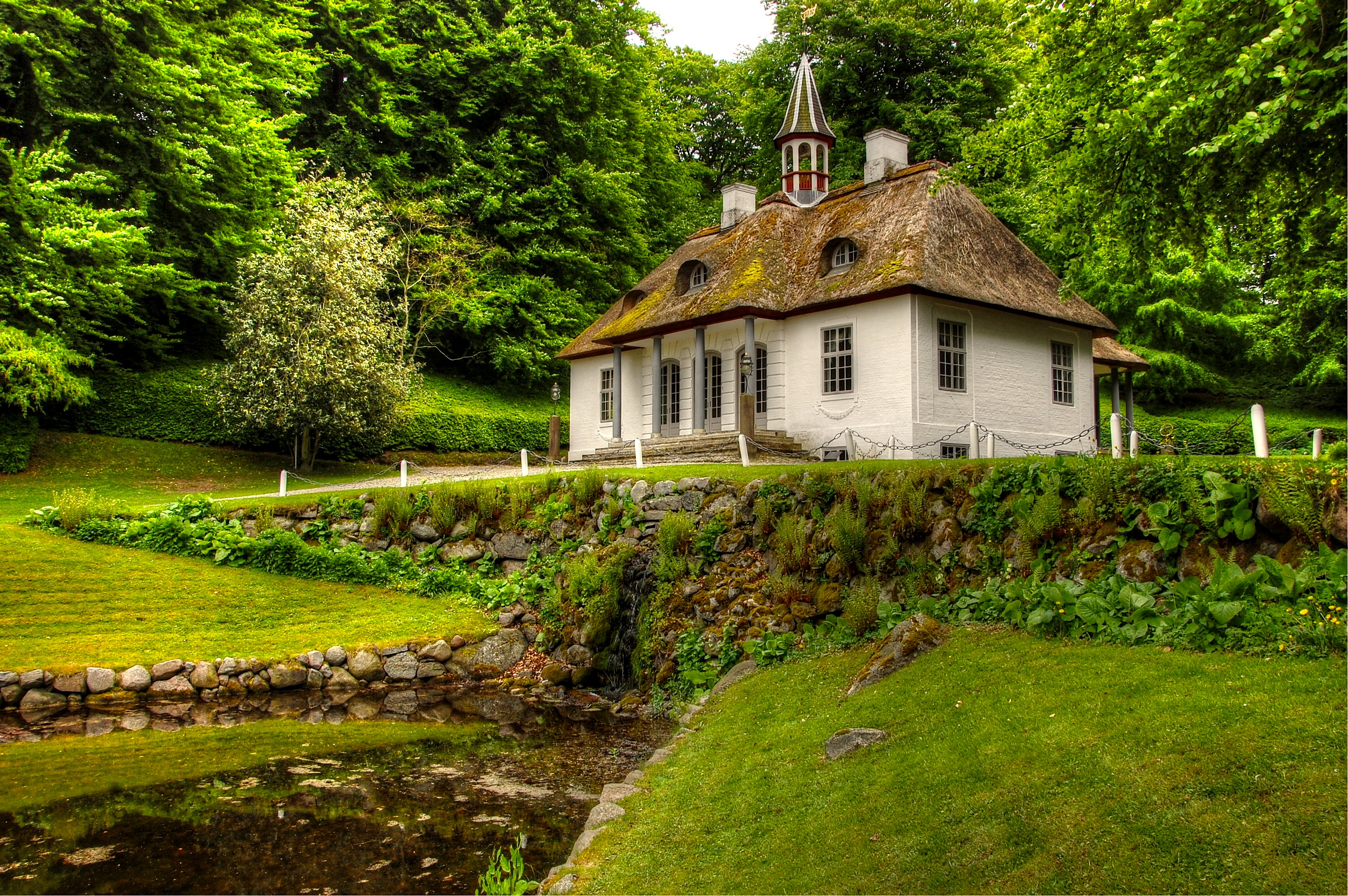 holiday, denmark, roofed, water, tree, liselund, building, house, growth, residential district, green color, places of interest, castle, beauty in nature, HD Wallpaper