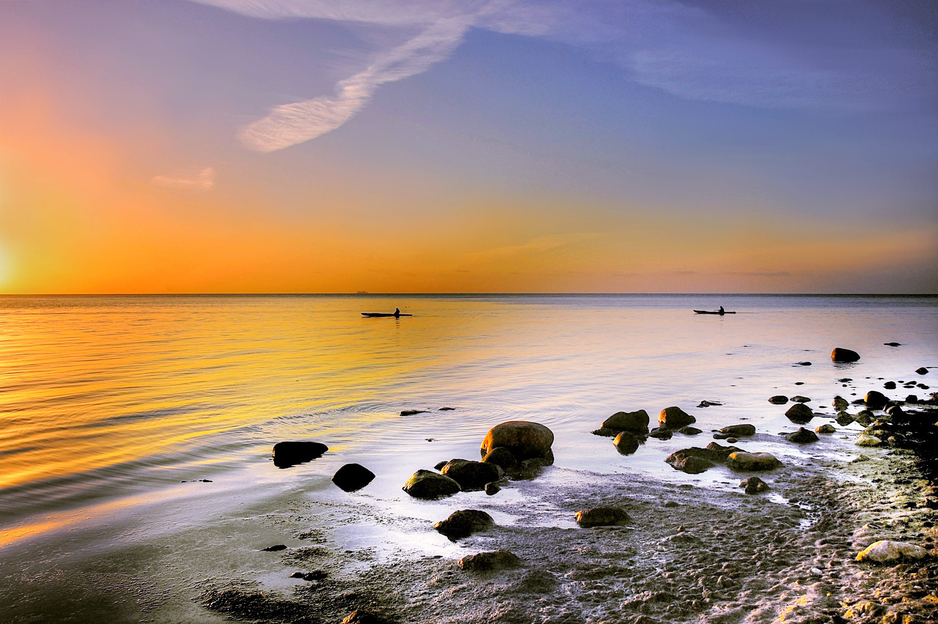 beach landscape, Lake, tranquil Scene, island, surf, sky, Sunny, coast, sunset, landscape, bank, water, romantic sky, Nature, scenics, 2K, blue, reflection, HD Wallpaper