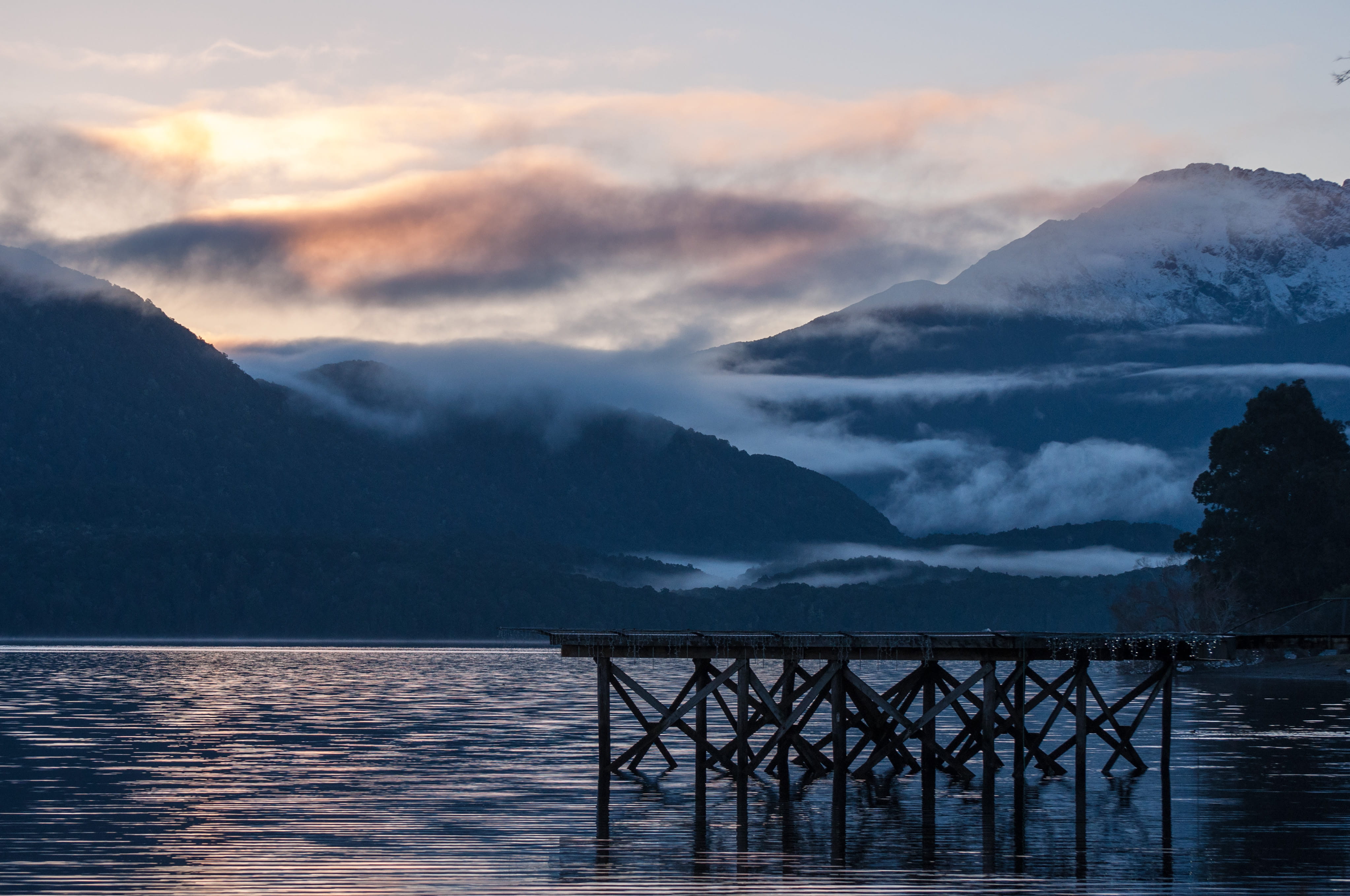 tranquility, water, cloud, new zealand, pier, brown, dawn, jetty, cloud - sky, red sky, deck, sunrise, tranquil scene, fog, mountain, architecture, mist, HD Wallpaper