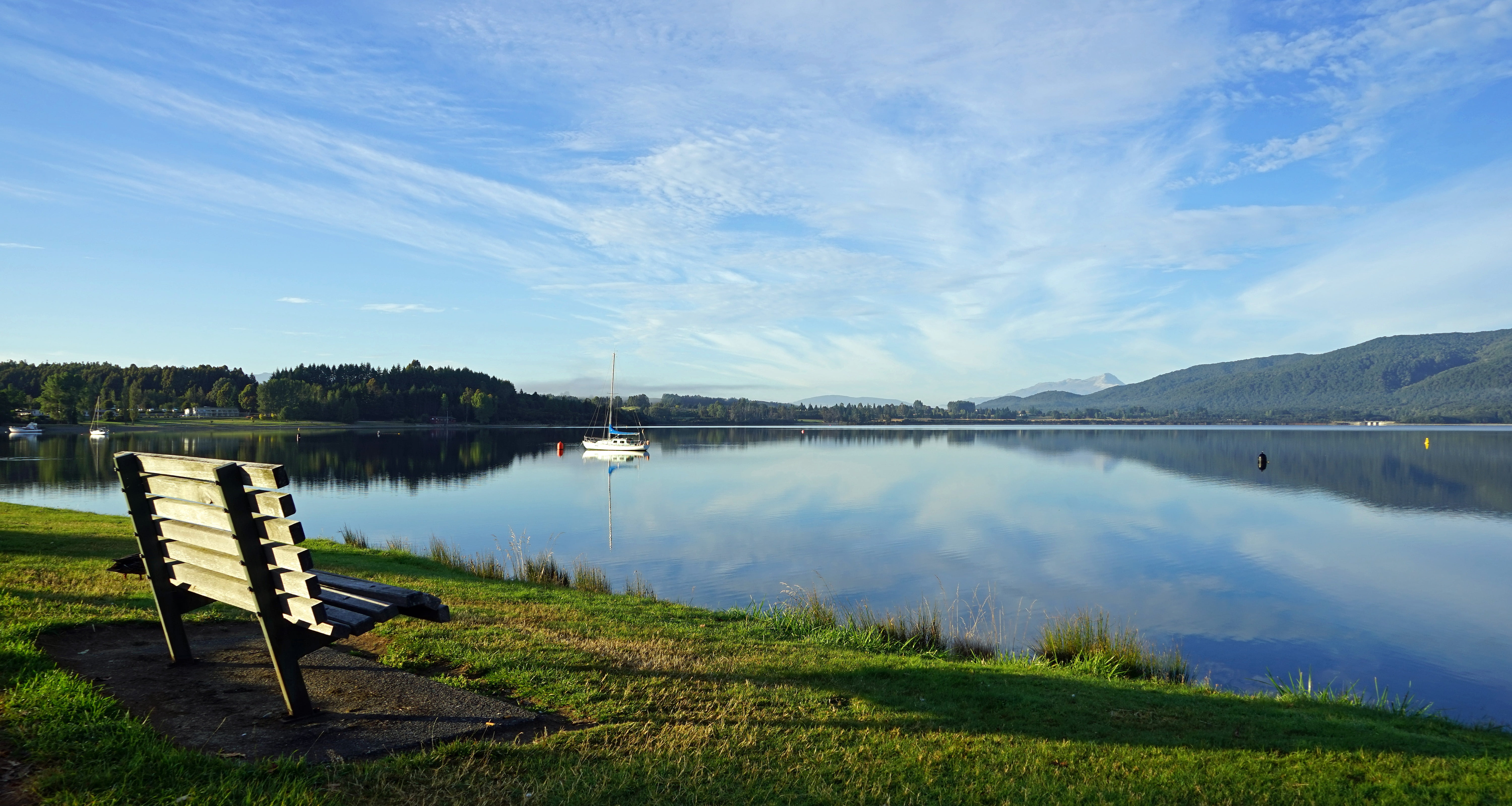 lake, beauty in nature, plant, outdoors, seat, landscape, day, no people, bank, morgenstimmung, grass, blue, non-urban scene, cloud - sky, 5K, reflection, HD Wallpaper