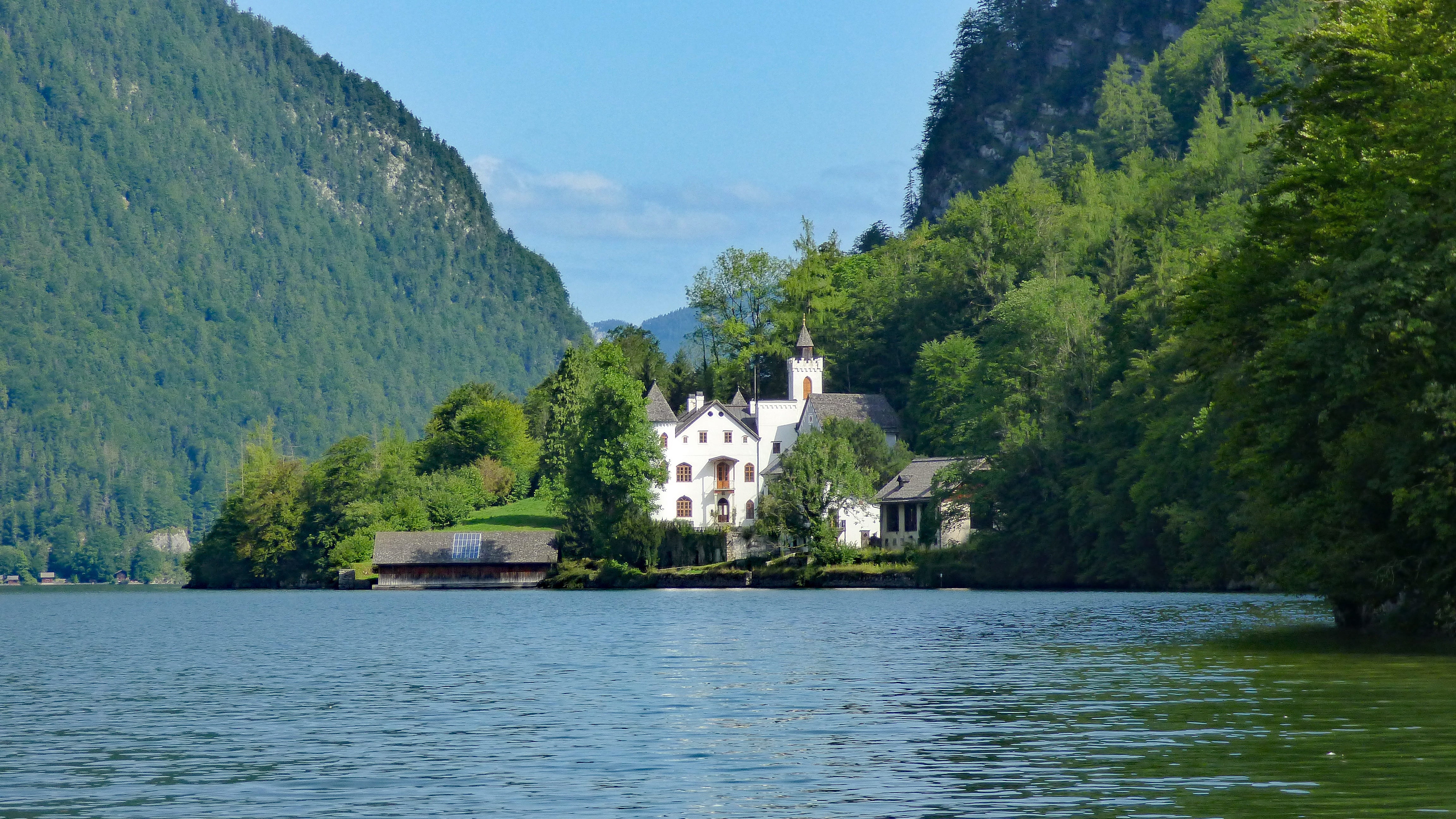 mountain, built structure, day, water, building exterior, austria, beauty in nature, nature, outdoors, land, alpine, tree, obertraun, schloss grub, 4K, HD Wallpaper