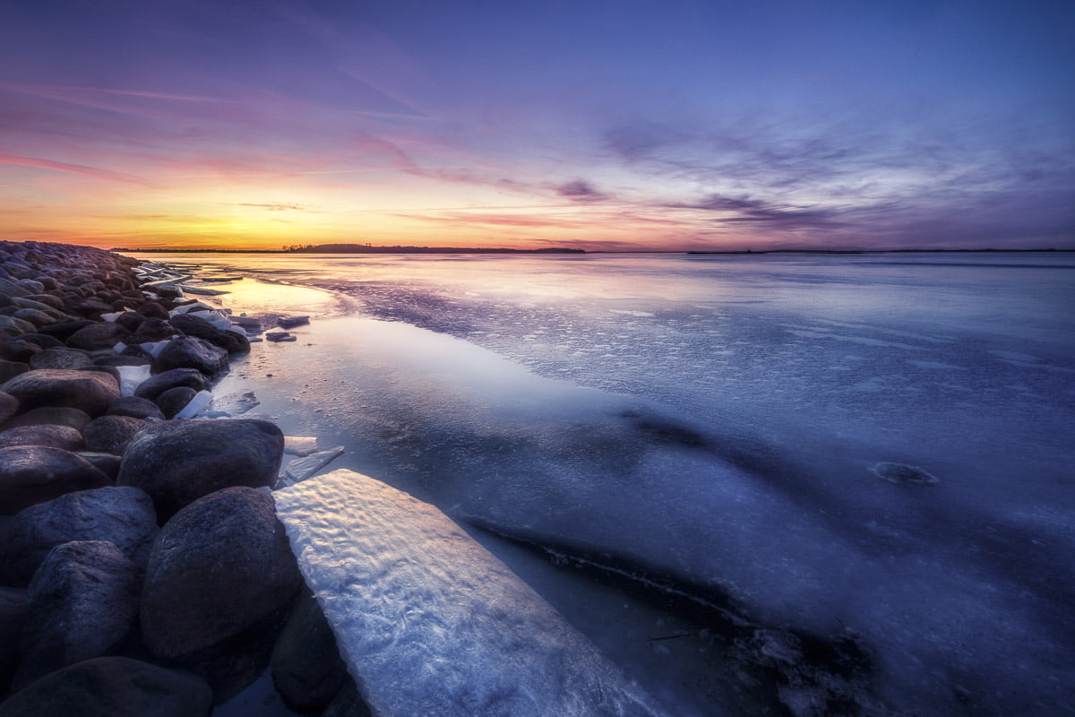 outdoors, coastline, Stones, golden, Water, beach, Cold, sky, Clouds, Havn, nature, HDR, Jacob, dusk, Landscape, beauty In Nature, Caught, Sunset, Frozen sea, HD Wallpaper