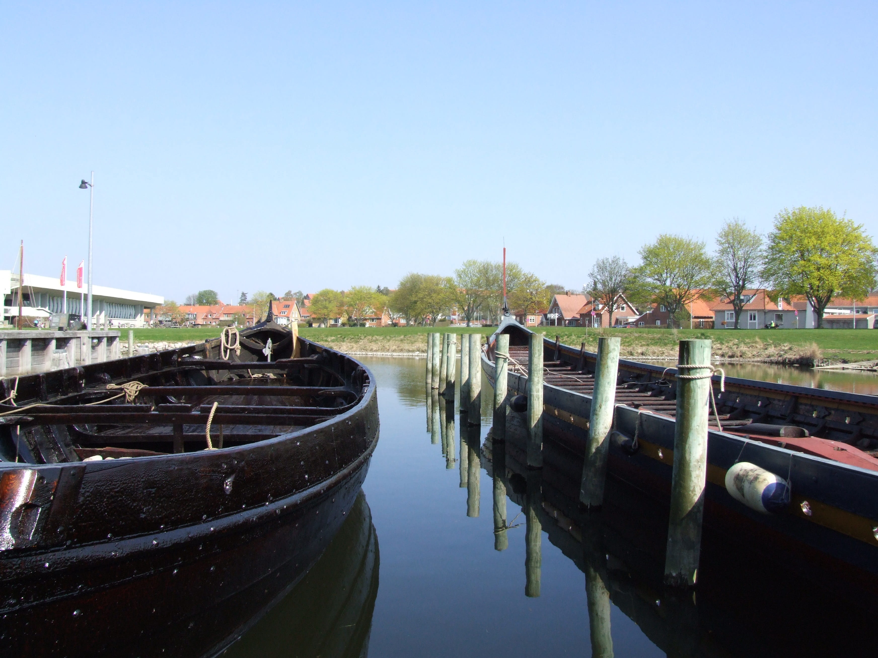 roskilde, ship, holidays, sunlight, copy space, day, outdoors, clear sky, denmark, moored, rowboat, nature, mode of transportation, river, water, tree, HD Wallpaper