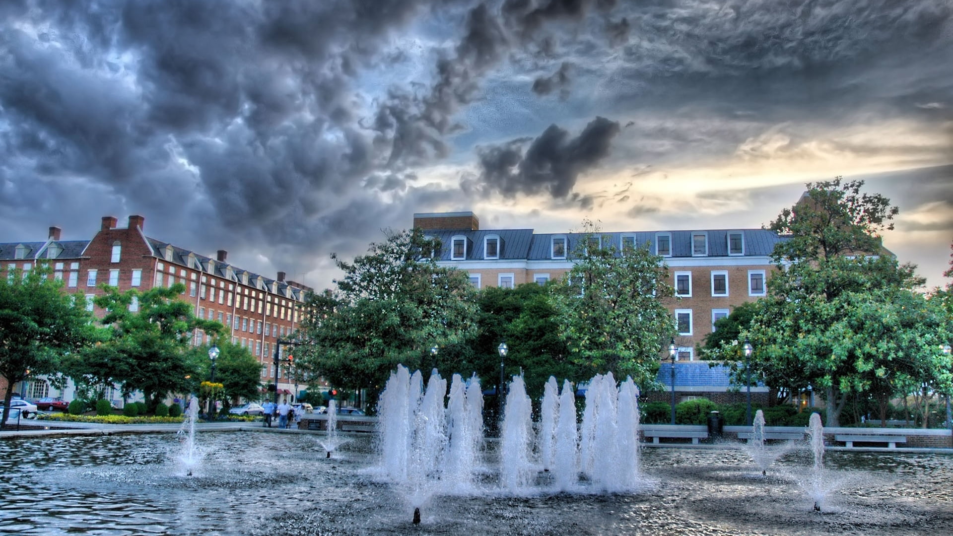 power in nature, rain, tourism, vacations, travel Destinations, cloudy, urban Scene, wet, flowing water, 1080P, summer, outdoors, sky, history, fountain, HD Wallpaper