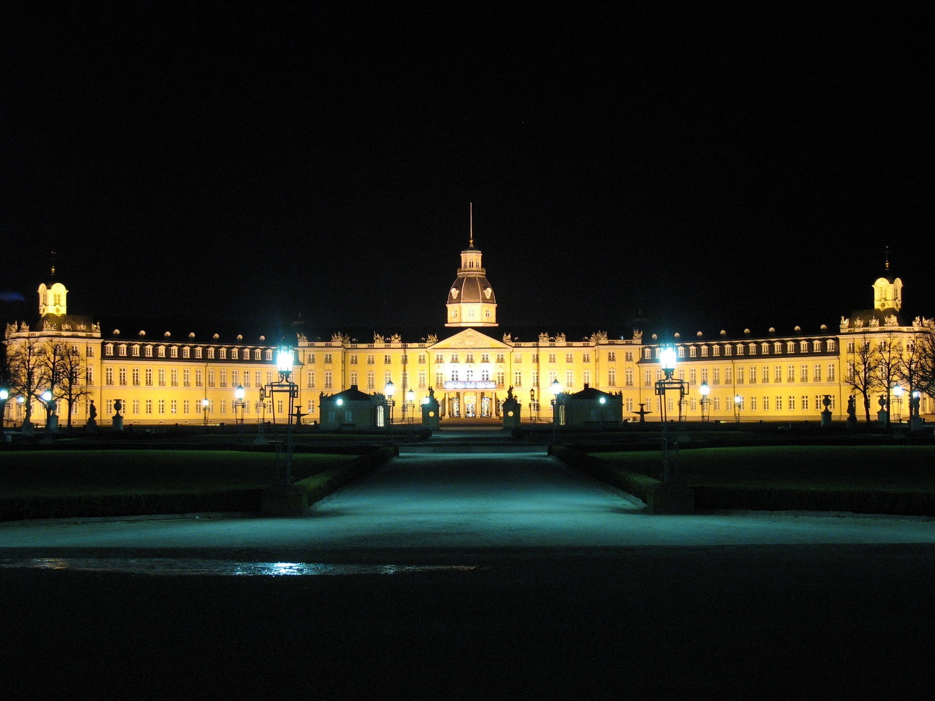 street light, tourism, germany, karlsruhe palace, history, night, city life, travel, illuminated, park, 1080P, no people, tower, built structure, historic, HD Wallpaper
