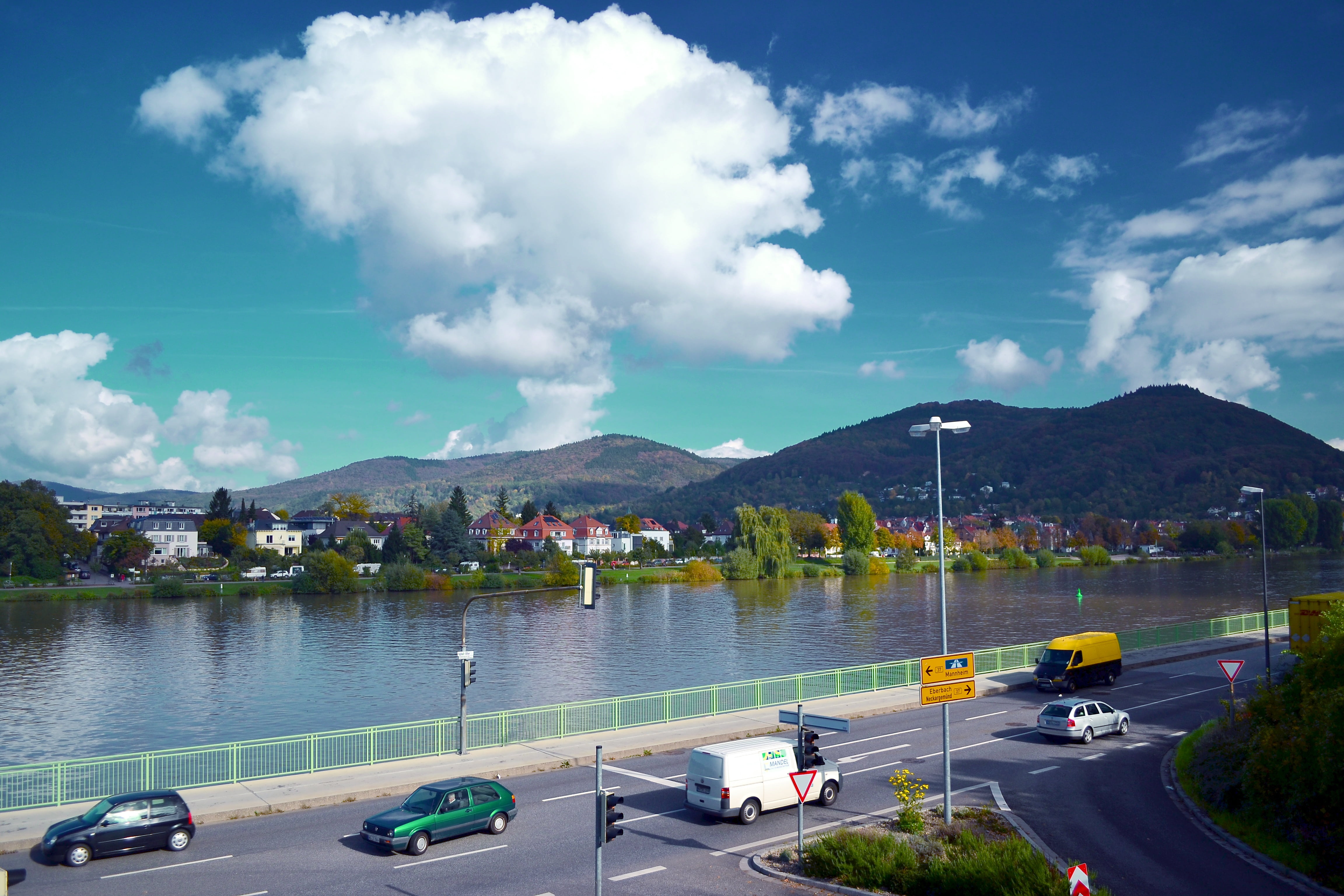 4K, sky, german, landscape, heidelberg, town, tourism, cloud - sky, neckar, wurttemberg, city, outdoors, cityscape, river, europe, mountain, no people, HD Wallpaper