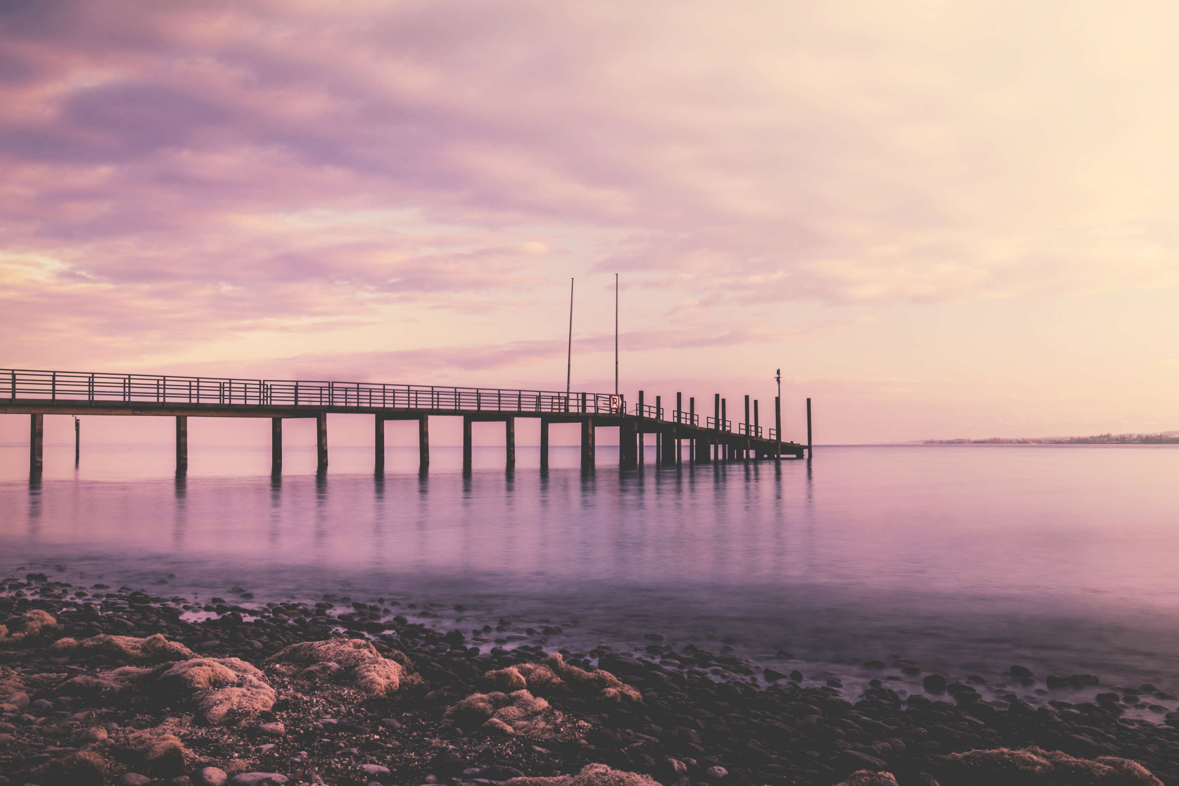 built structure, 4K, light, tranquil scene, orange color, horizon, jetty, connection, bridge - man made structure, tranquility, no people, lake, beauty in nature, HD Wallpaper