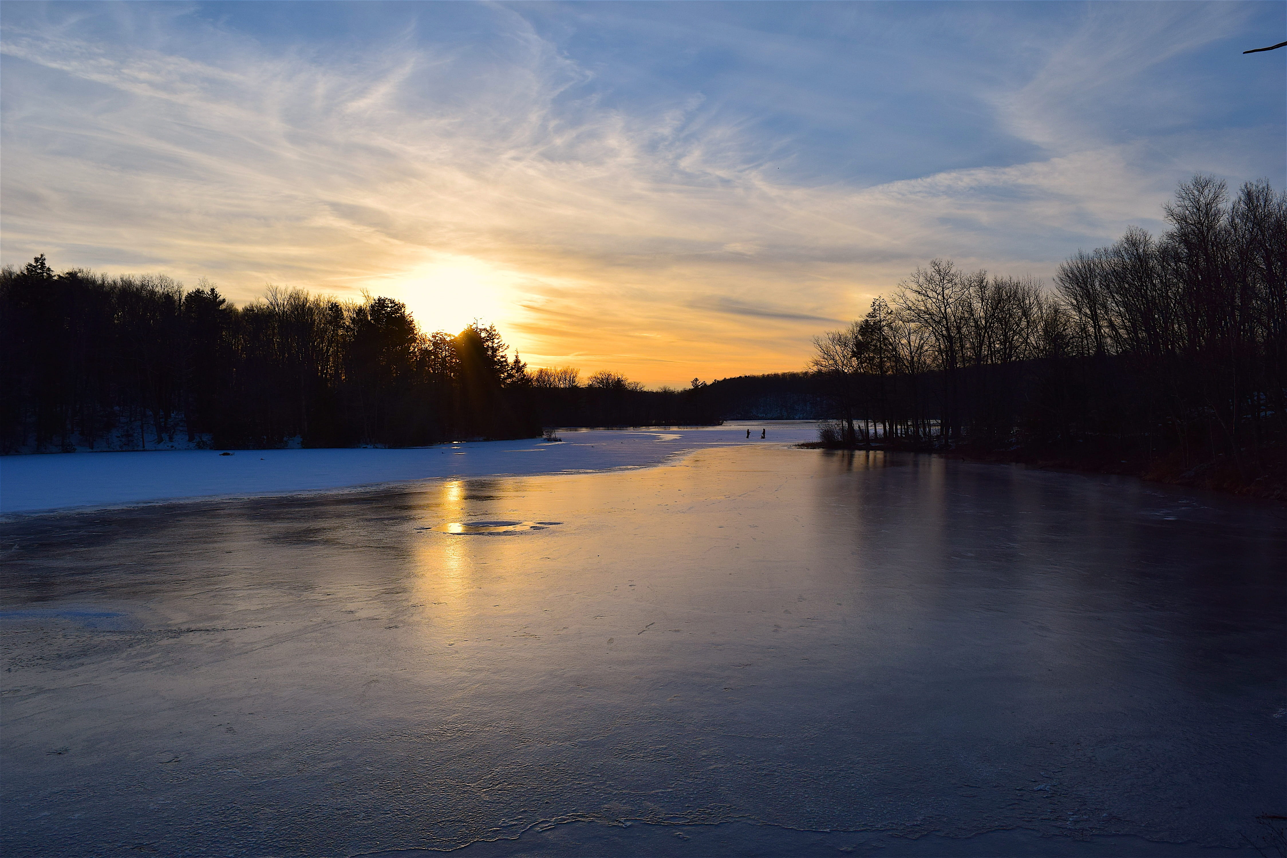 sunset, water, park, scenics - nature, tranquil scene, no people, ice, cold, reflection, cloud, season, snow, 4K, sky, nature, sunlight, february, frost, HD Wallpaper