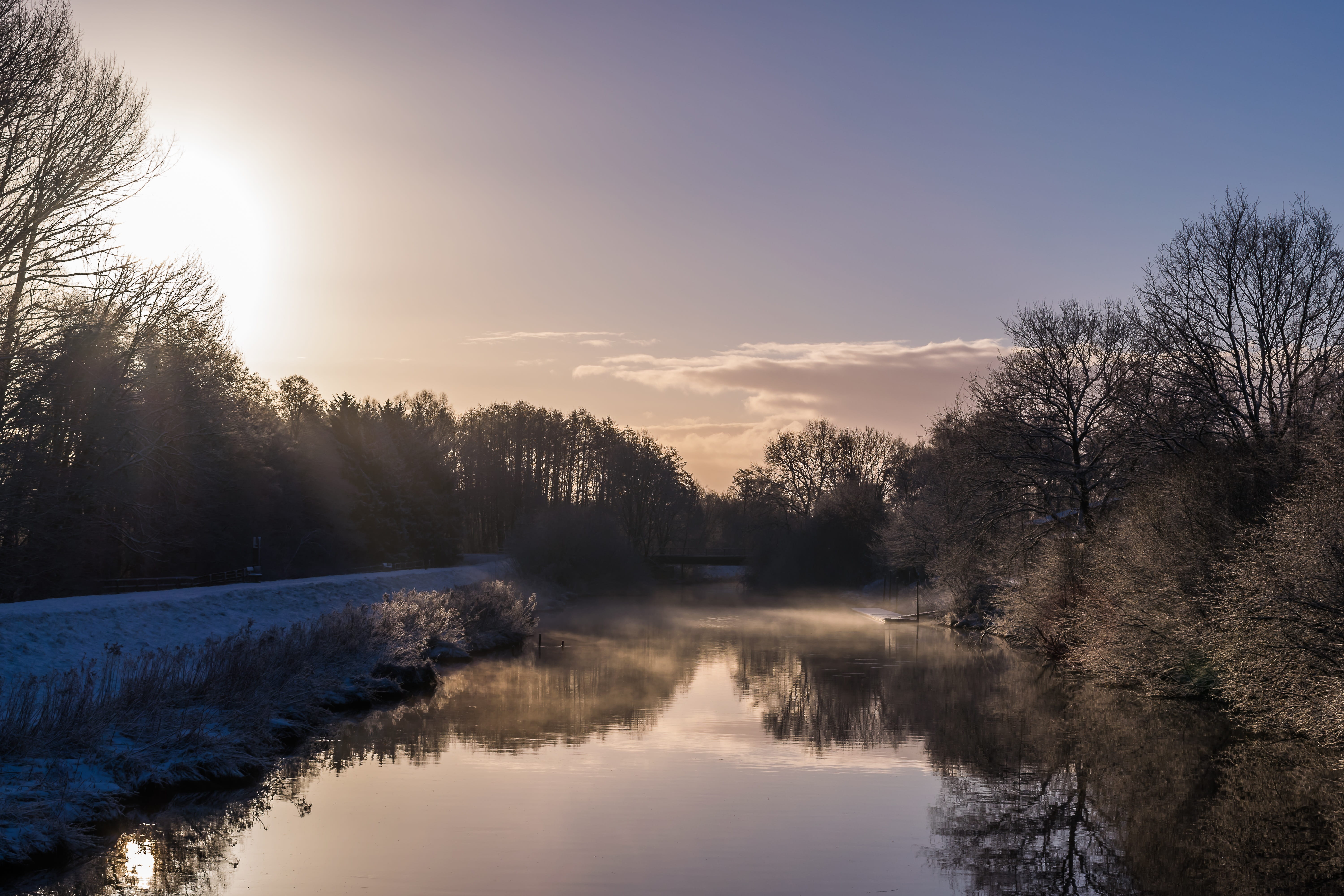 relax, morning sun, scenics - nature, light, fog, tranquility, reflection lake, river, sunbeam, snowy, morgenstimmung, frosty, morning mist, romantic, winters day, HD Wallpaper