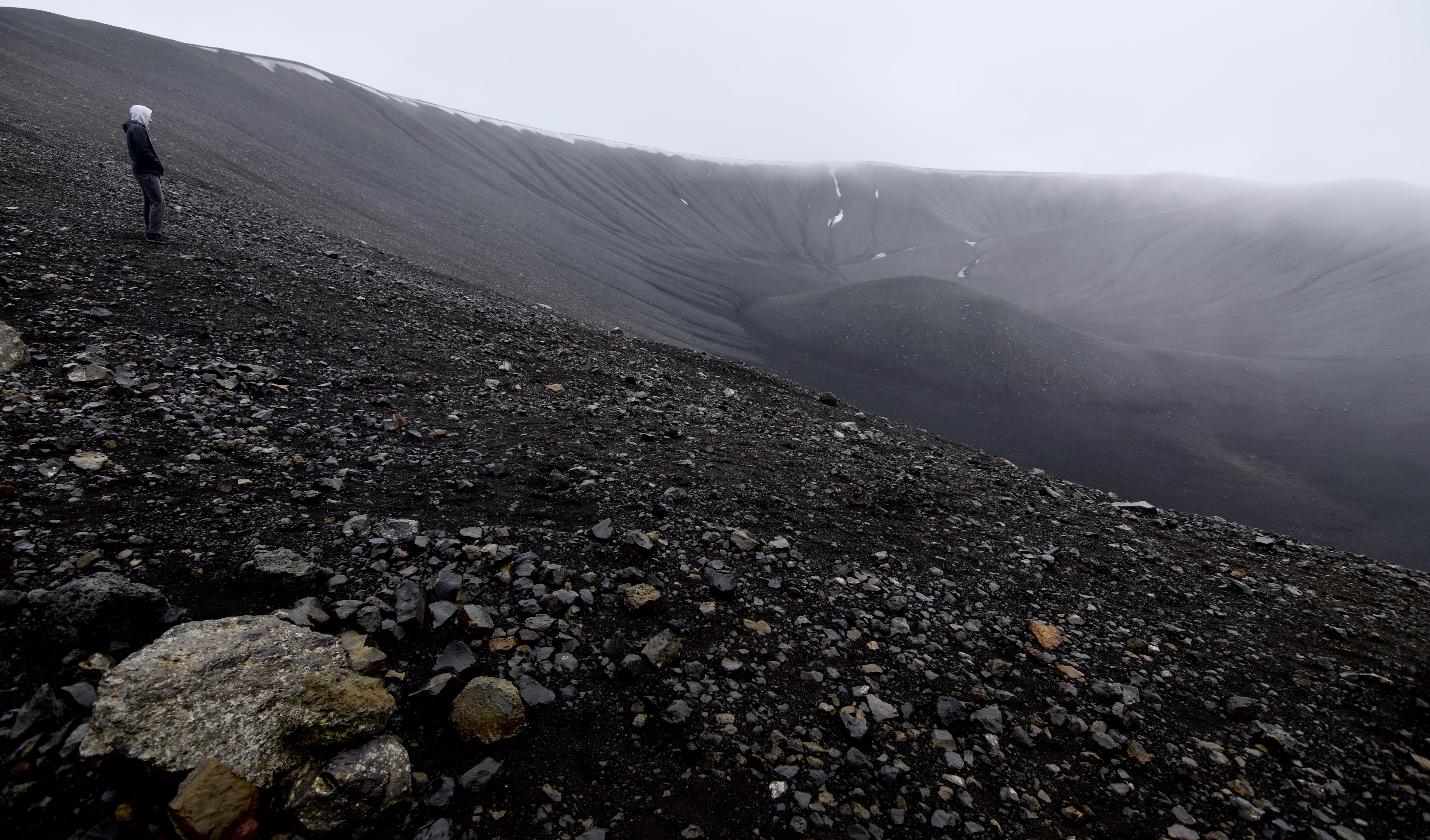 human, iceland, beauty in nature, non-urban scene, rock, slope, volcano, crater, vulcano, dirt road, ground, environment, nature, cold temperature, scenics - nature, HD Wallpaper