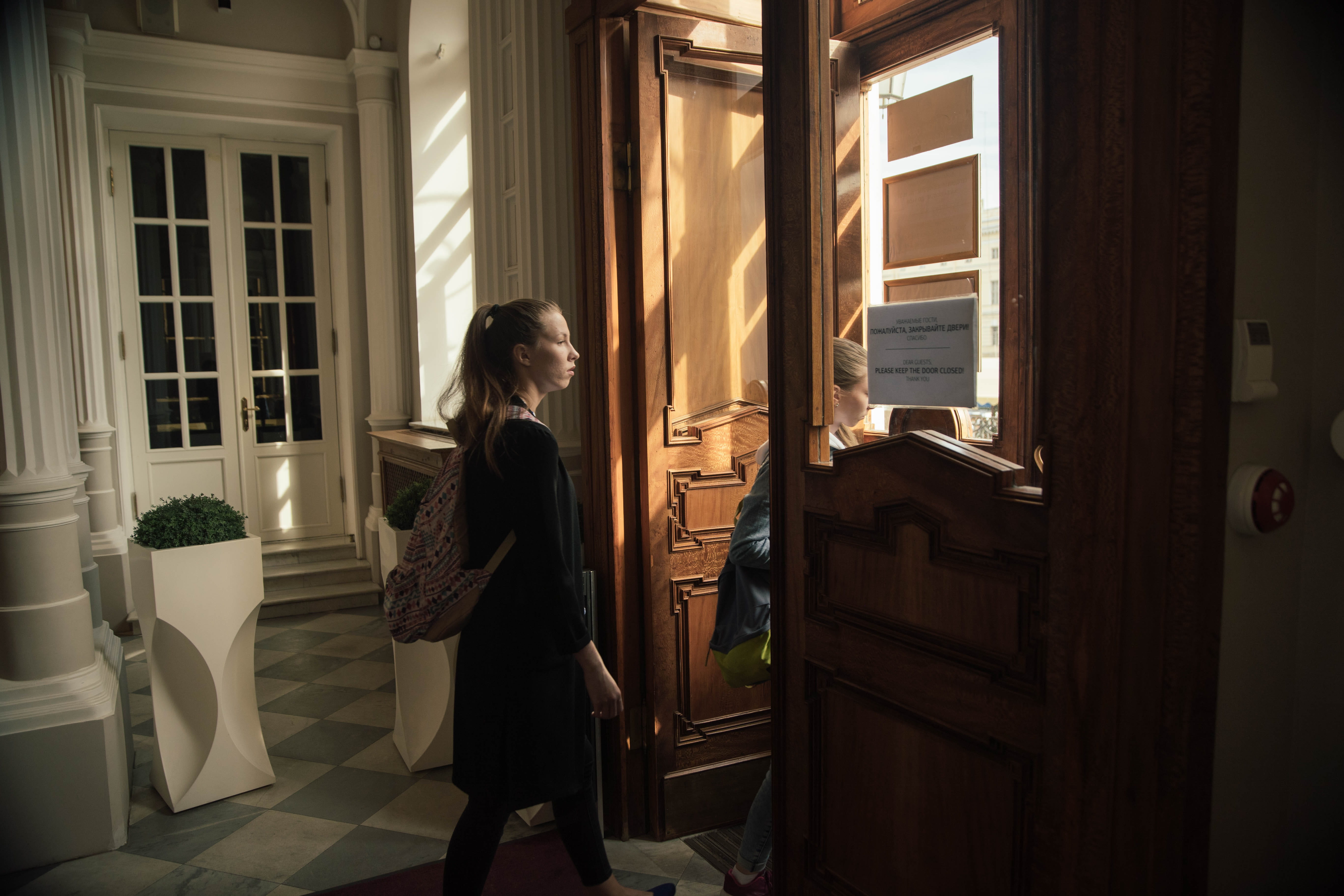 open, young women, adult, door, interior design, floor, home decor, folding door, 5K, window, apparel, entrance, human, full length, evening dress, indoors, HD Wallpaper