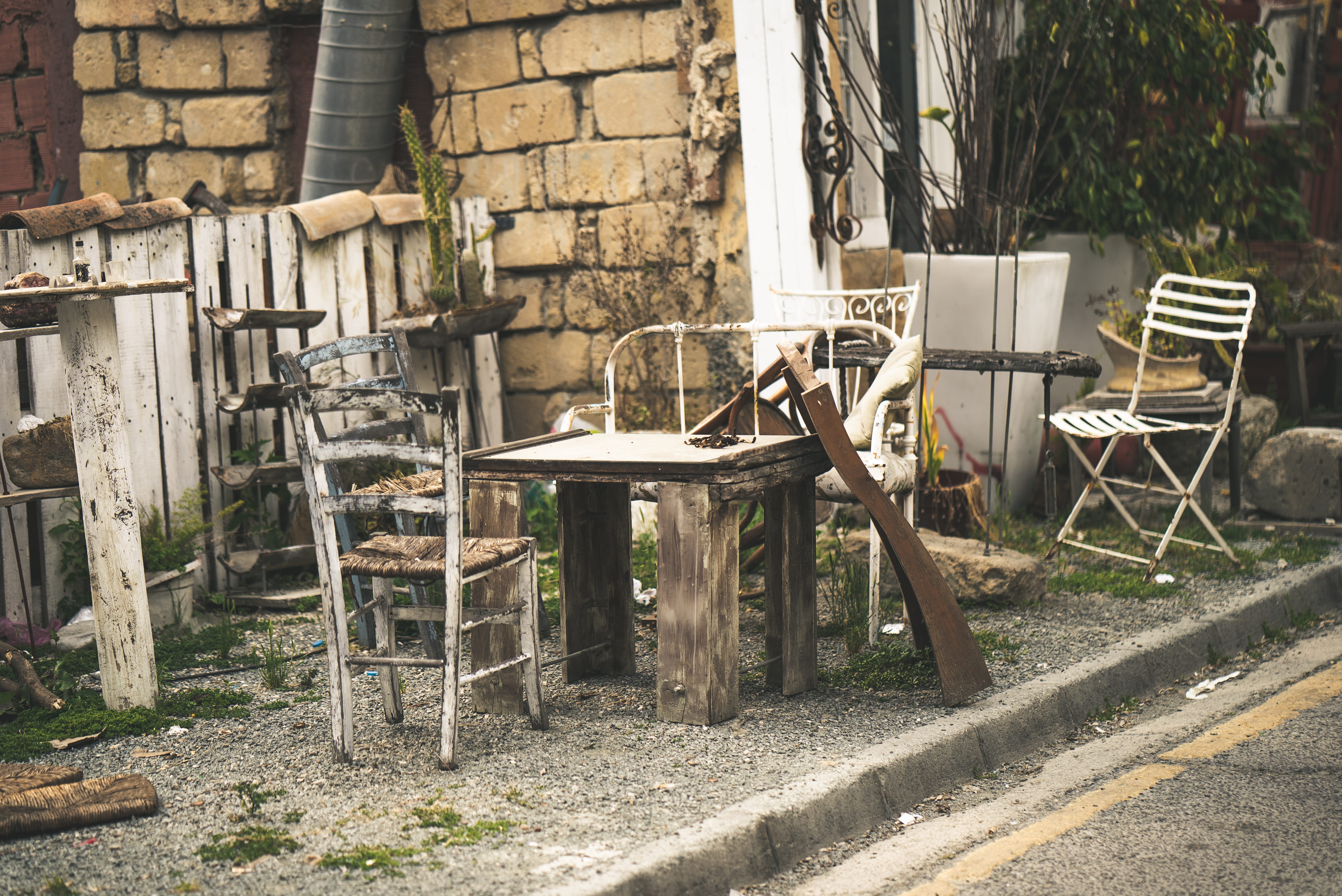 abandoned, empty, no people, street, outdoors, absence, clothing, dining table, wood - material, nicosia, wooden chair, day, deterioration, old, nature, HD Wallpaper