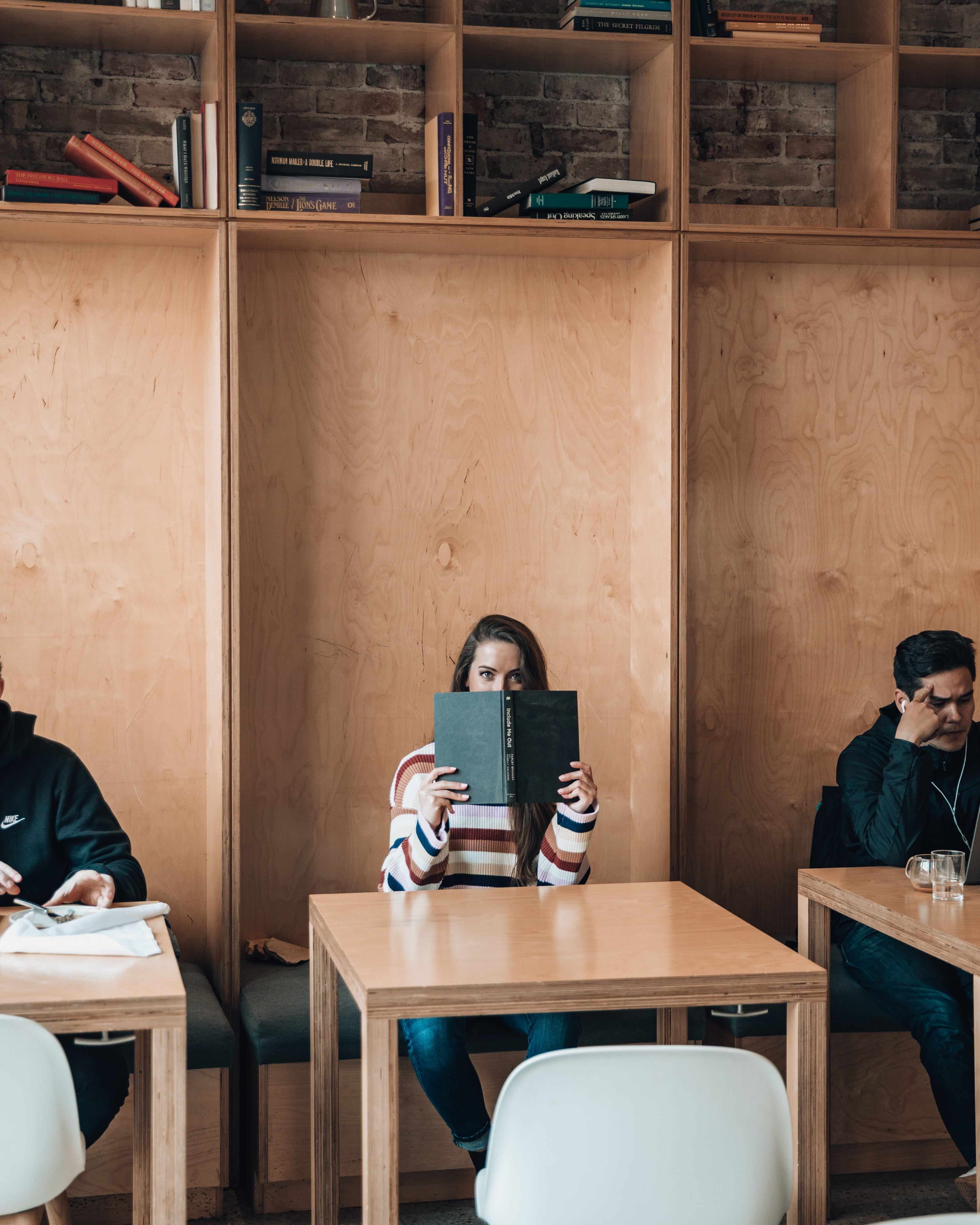 obscured face, lifestyle, real people, people, reading, cafe, lifestyles, 4K, female, wooden, coffee, shelf, square, indoors, studying, chair, seat, technology, Phone HD Wallpaper