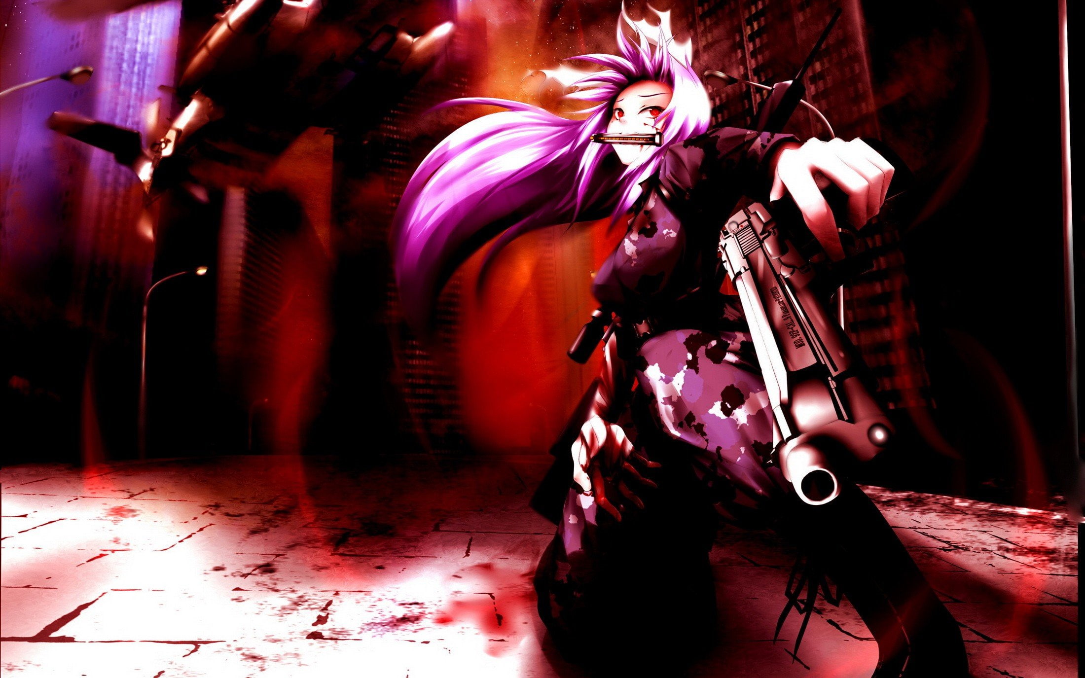 1080P, touhou, animal, army, kneeling, girls, blood, weapons, ears, military, boots, inaba, eyes, hair, bunny, reisen, red, udongein, video, guns, streets, HD Wallpaper