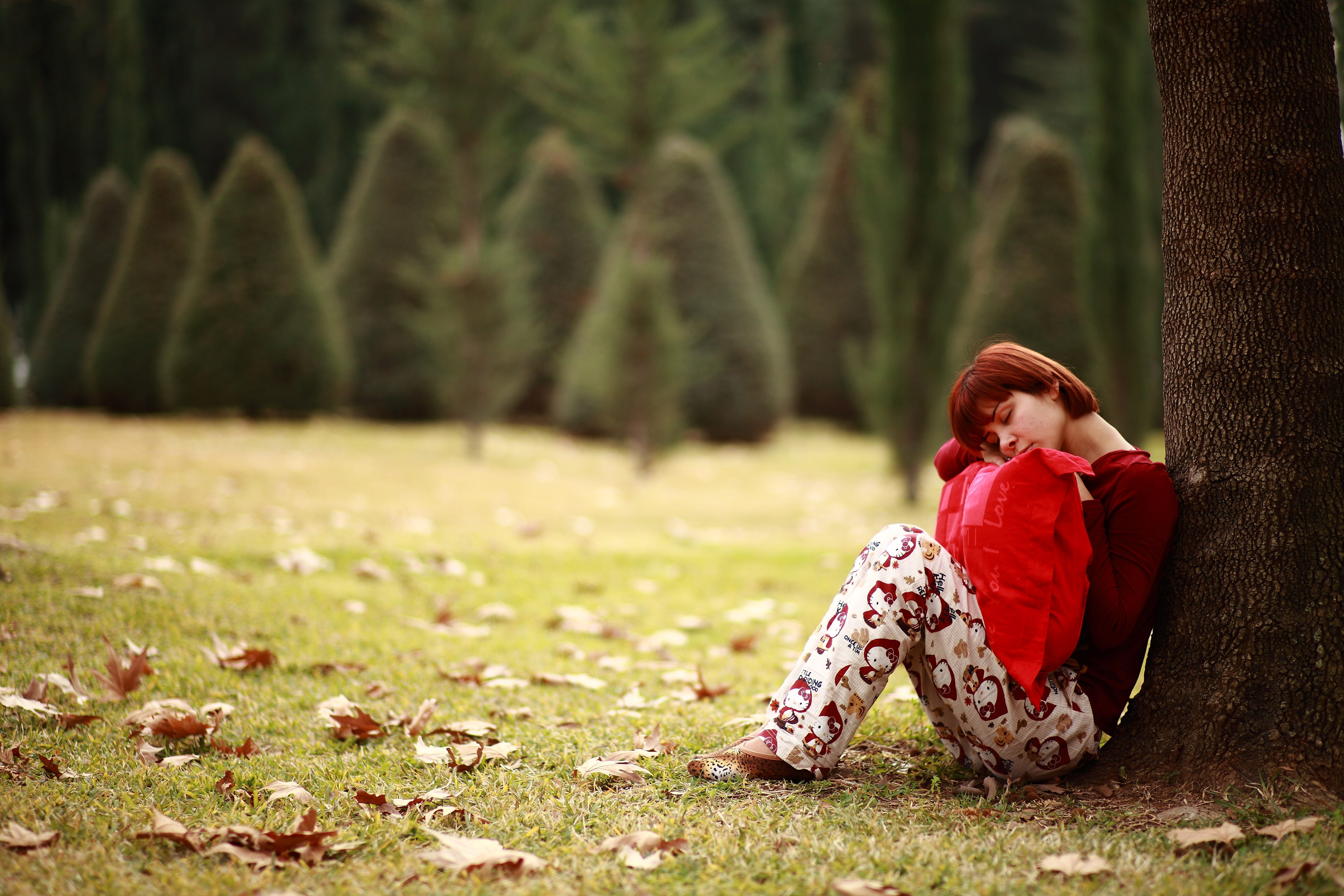 fine arts, casual clothing, depression - sadness, contemplation, hairstyle, holding, sitting, grass, woman, aesthetics, beauty model, park, nature, fashion, HD Wallpaper