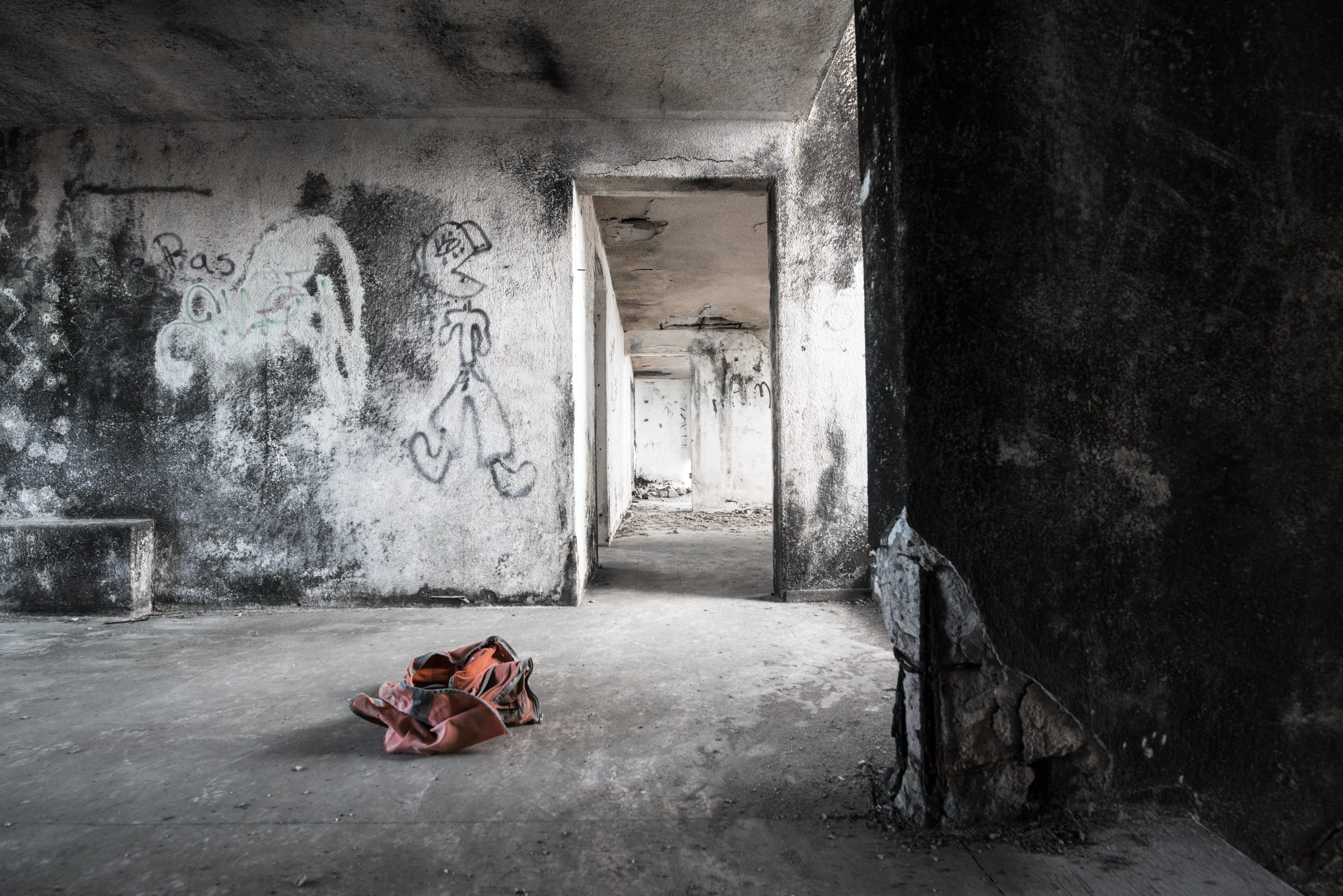furniture, social issues, brown, graffiti, floor, cloth, corridor, one person, obsolete, relaxation, indoors, messy, abandon, architecture, construction, HD Wallpaper