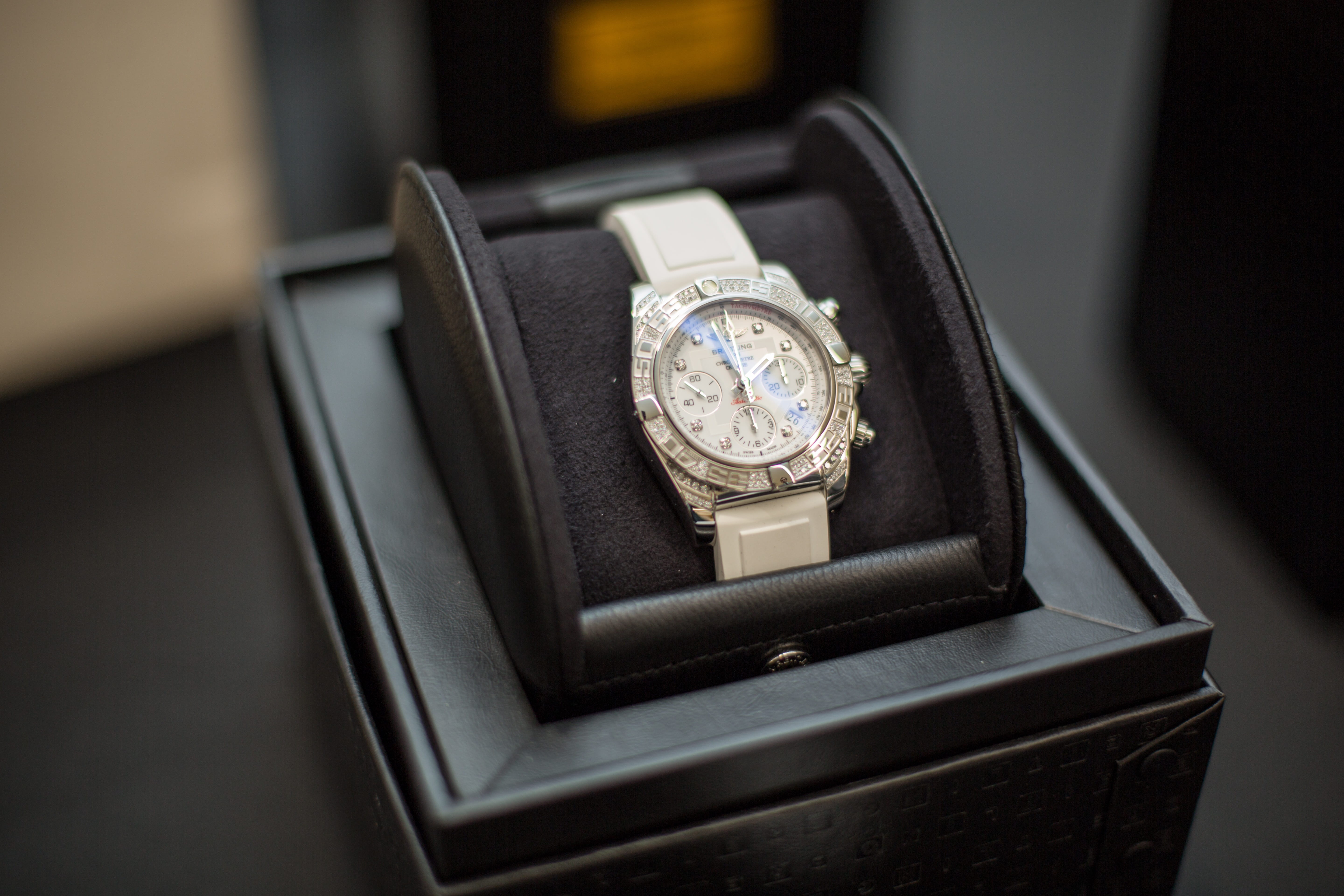 accessories, watch, breitling, still life, clock, 5K, selective focus, wristwatch, black color, antique, luxury, single object, expensive, time, close-up, HD Wallpaper