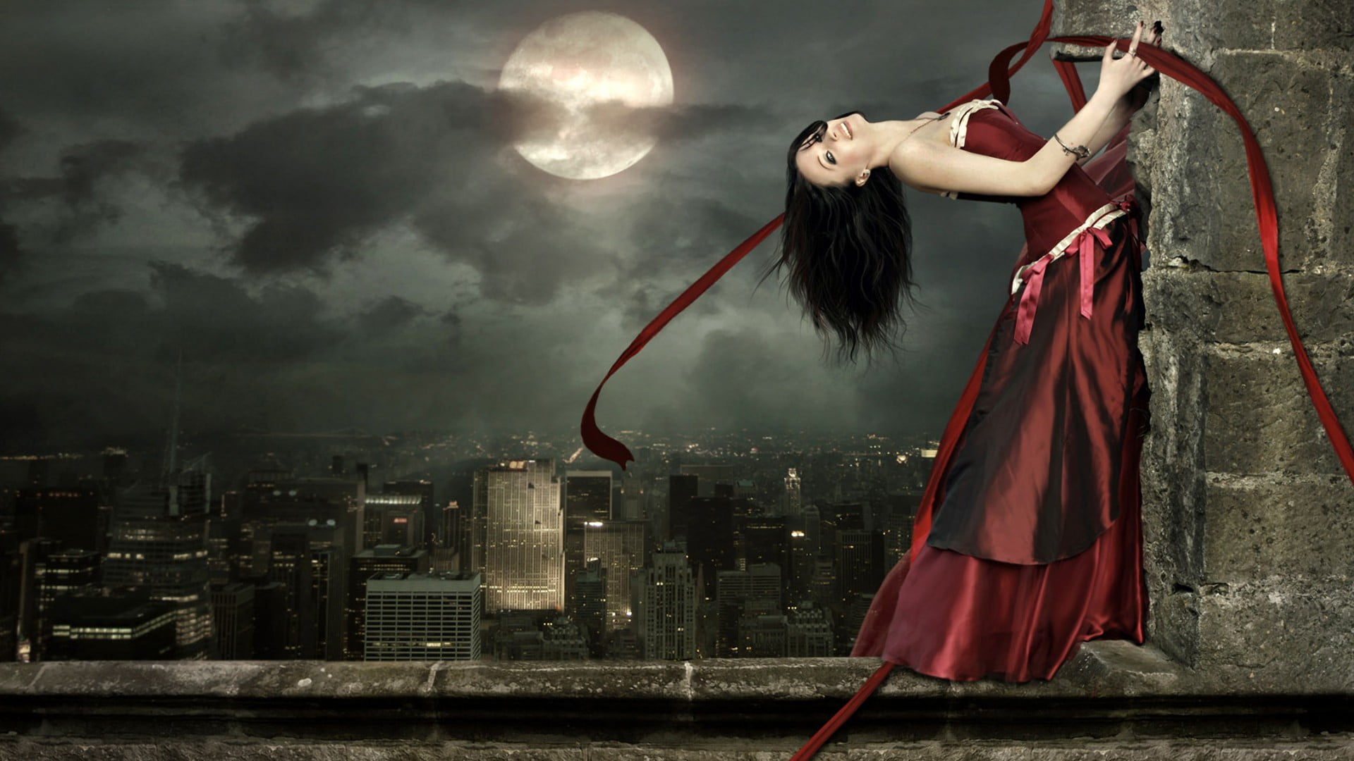 beautiful woman, one person, brunette, young women, skirt, hairstyle, d, corset, blue eyes, Moon, hair, architecture, building, Red Bull, adult, young adult, HD Wallpaper