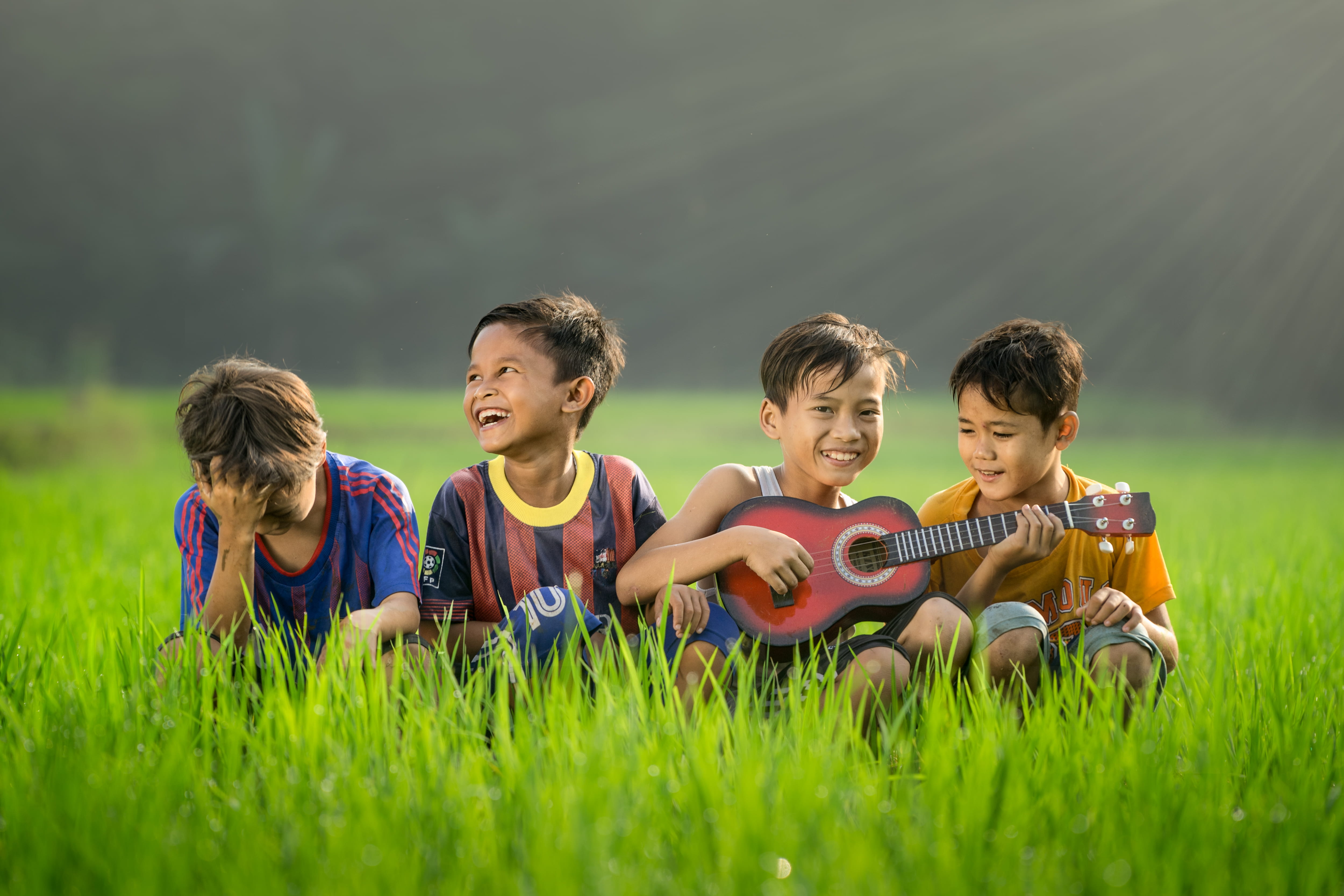 happiness, plant, plucking an instrument, daytime, boy, friendship, green, music, child, fun, string instrument, women, men, positive emotion, happy, nature, HD Wallpaper